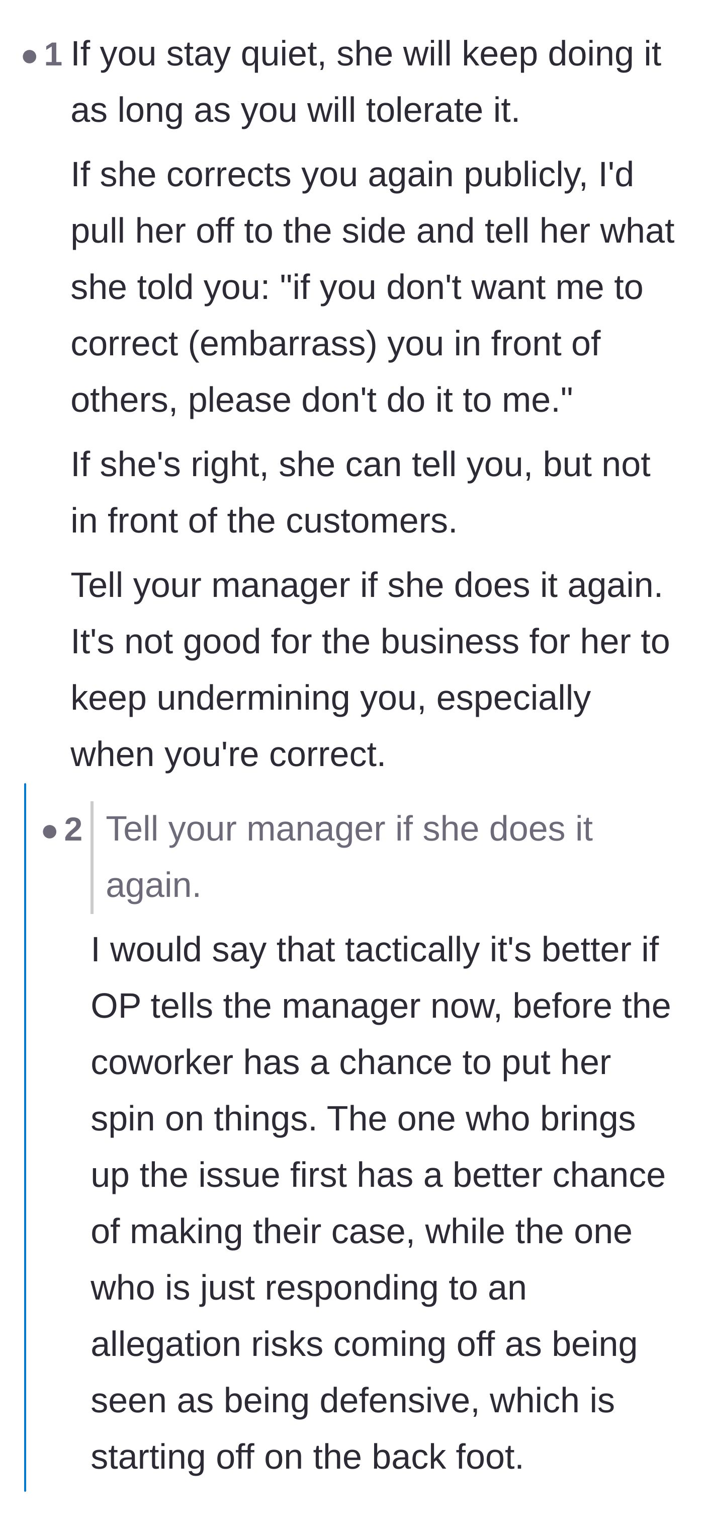 Comment thread 1 - Commenters discuss the strategic importance of reporting the interrupting coworker to management before she can twist the story.