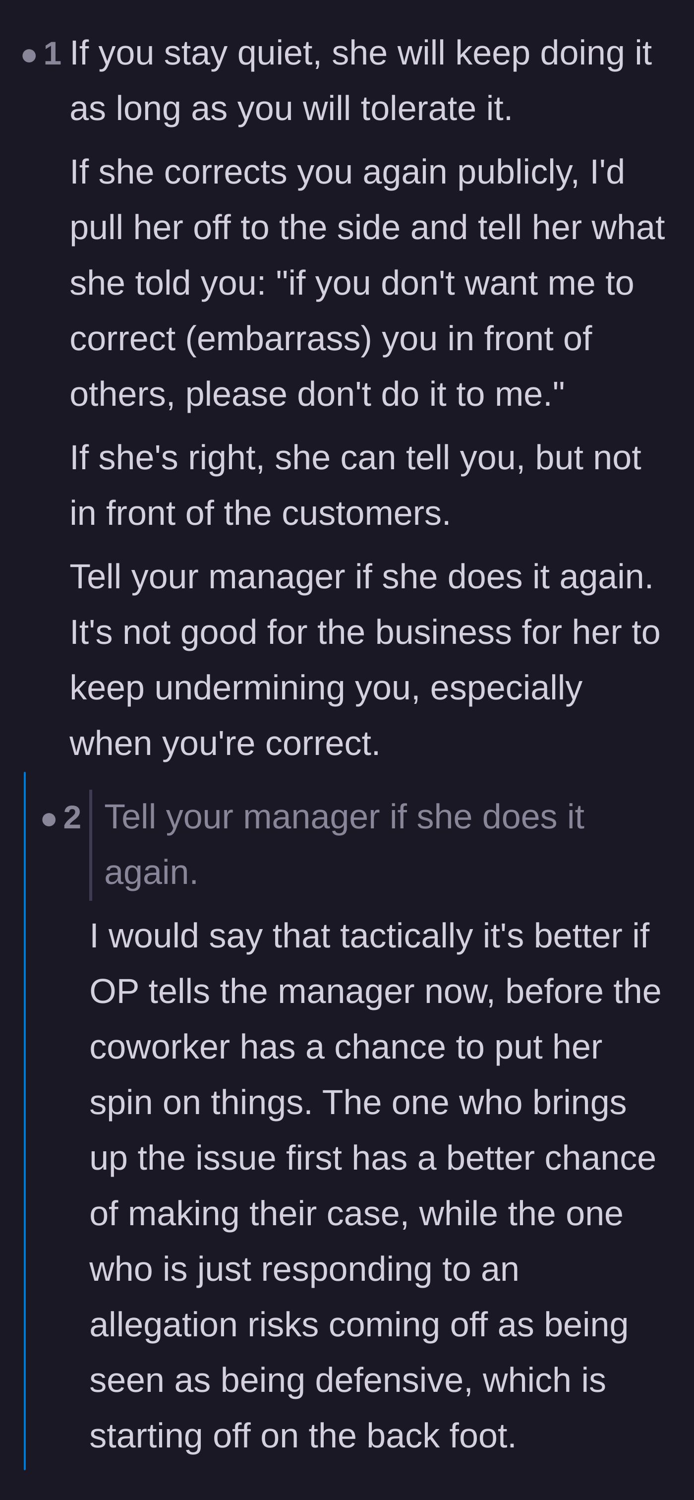 Comment thread 1 - Commenters discuss the strategic importance of reporting the interrupting coworker to management before she can twist the story.