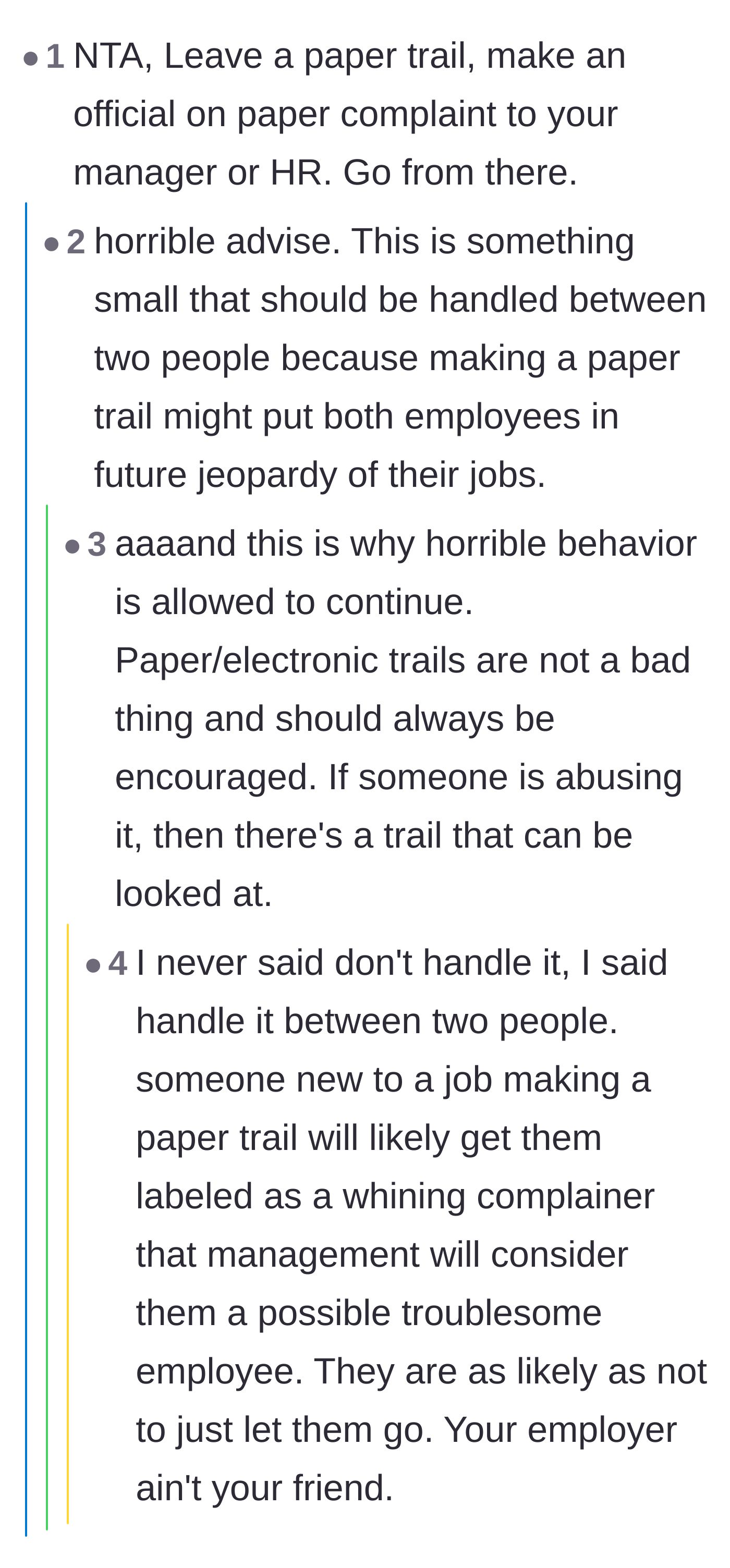 Comment thread 3 - A debate unfolds over whether the new employee should create an official HR paper trail or try to handle the conflict privately.