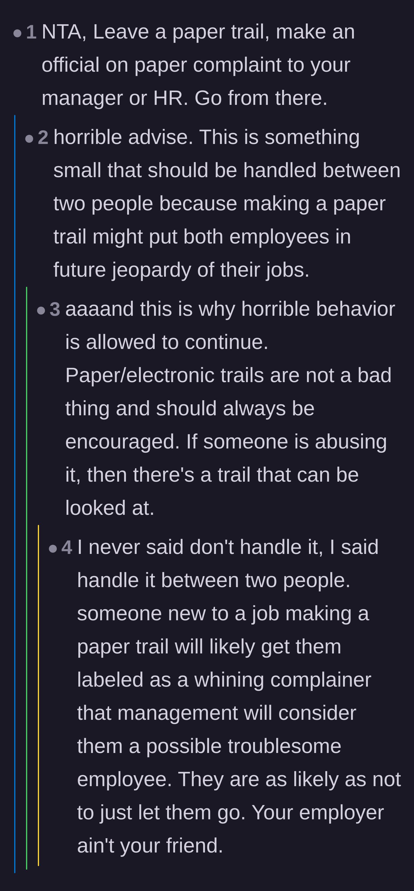 Comment thread 3 - A debate unfolds over whether the new employee should create an official HR paper trail or try to handle the conflict privately.