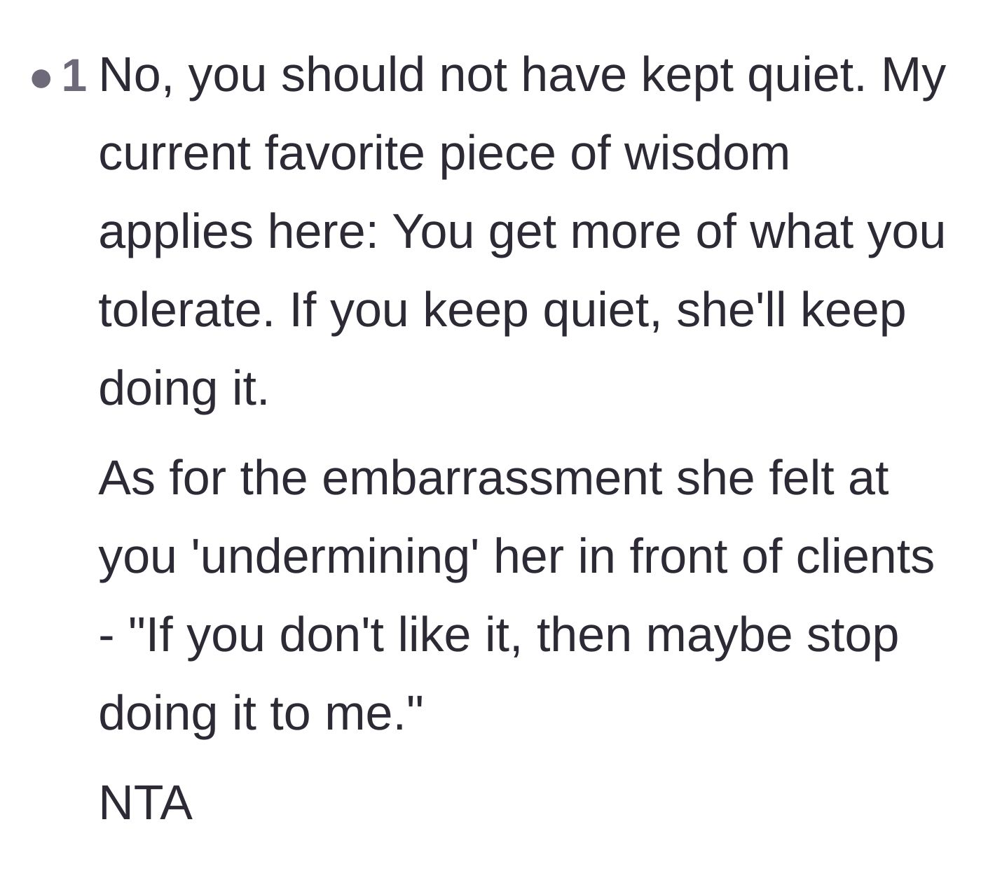 Comment thread 4 - A commenter shares the wisdom that tolerating disrespectful behavior only invites more of it in the future.