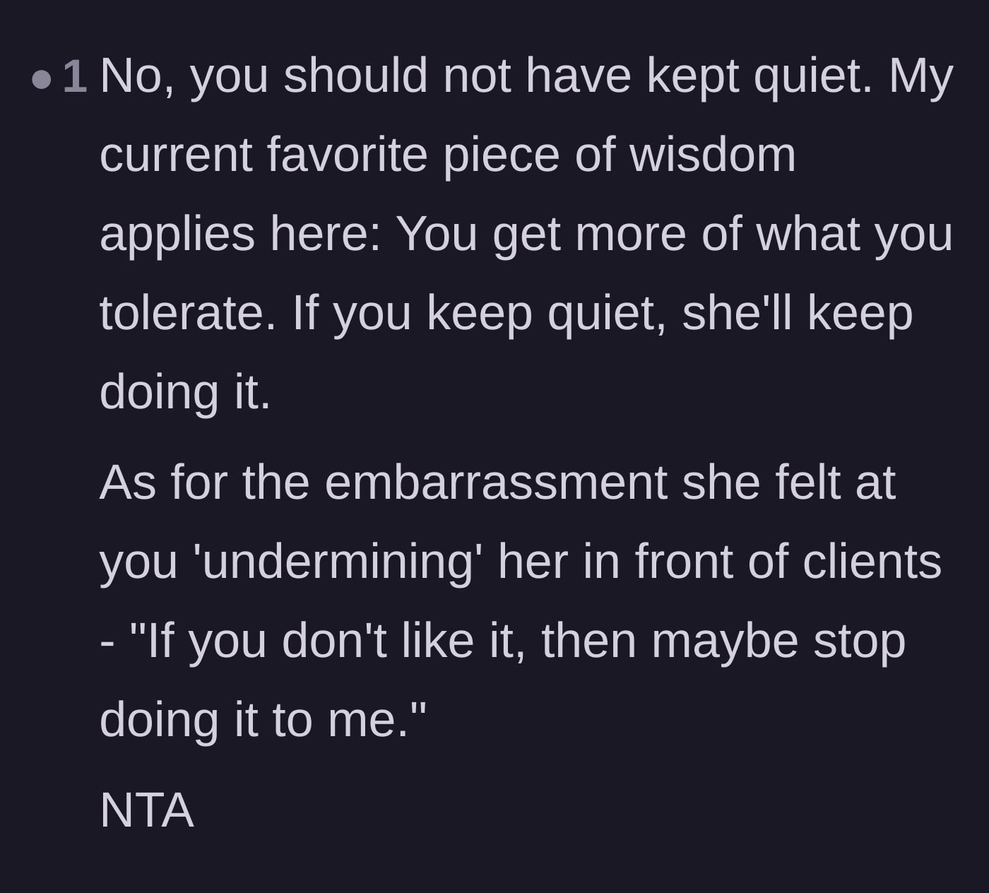 Comment thread 4 - A commenter shares the wisdom that tolerating disrespectful behavior only invites more of it in the future.