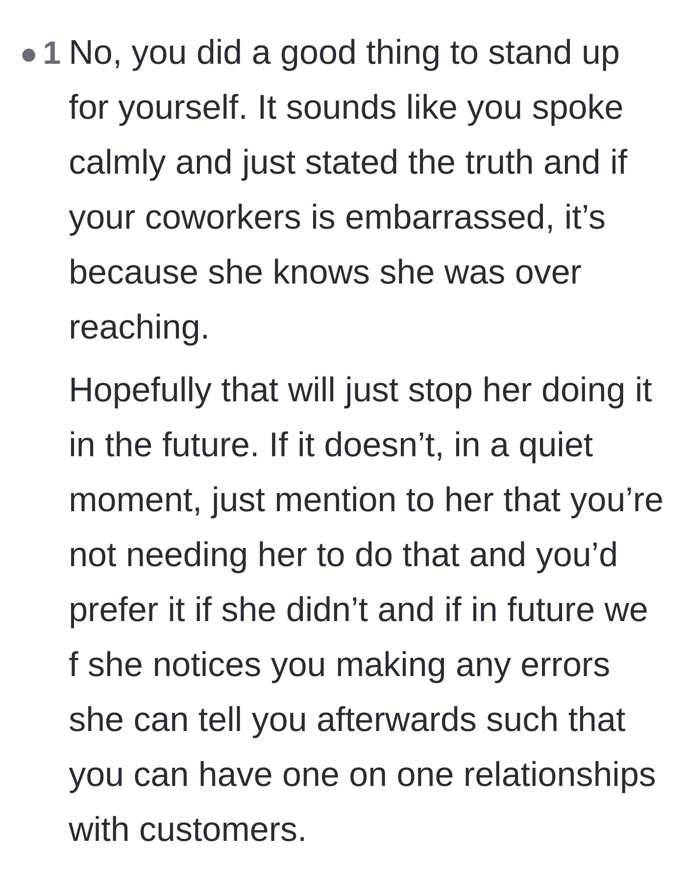 Comment thread 5 - Support for the new employee's calm reaction, noting that the coworker's embarrassment stems entirely from her own overreach.