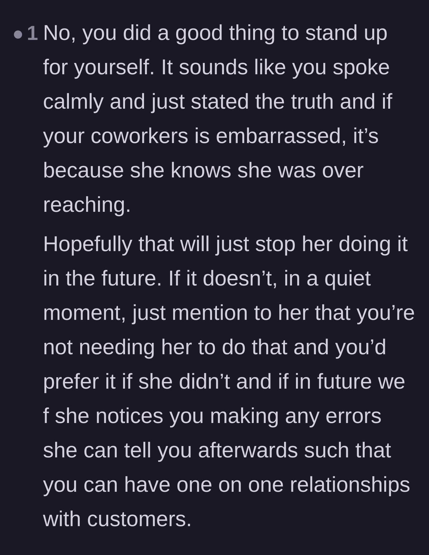 Comment thread 5 - Support for the new employee's calm reaction, noting that the coworker's embarrassment stems entirely from her own overreach.