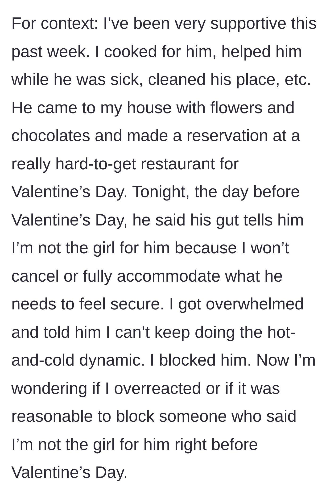 Story part 4 - The main character lists her supportive actions before the partner issues a cruel pre-Valentine's ultimatum, leading her to block him.