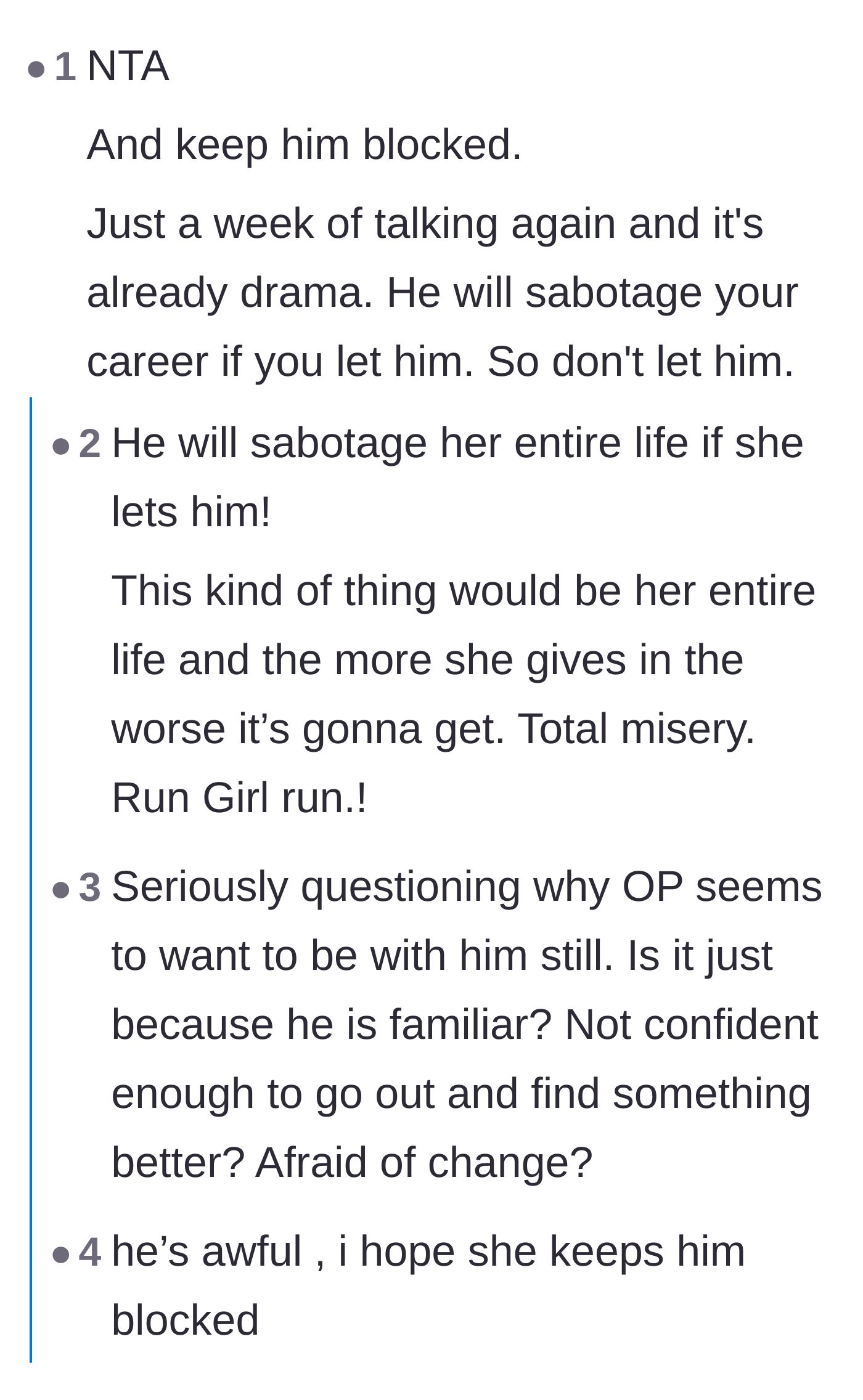 Comment thread 1 - Advice warning the author about career sabotage, including a heartbreaking perspective from someone who lived it