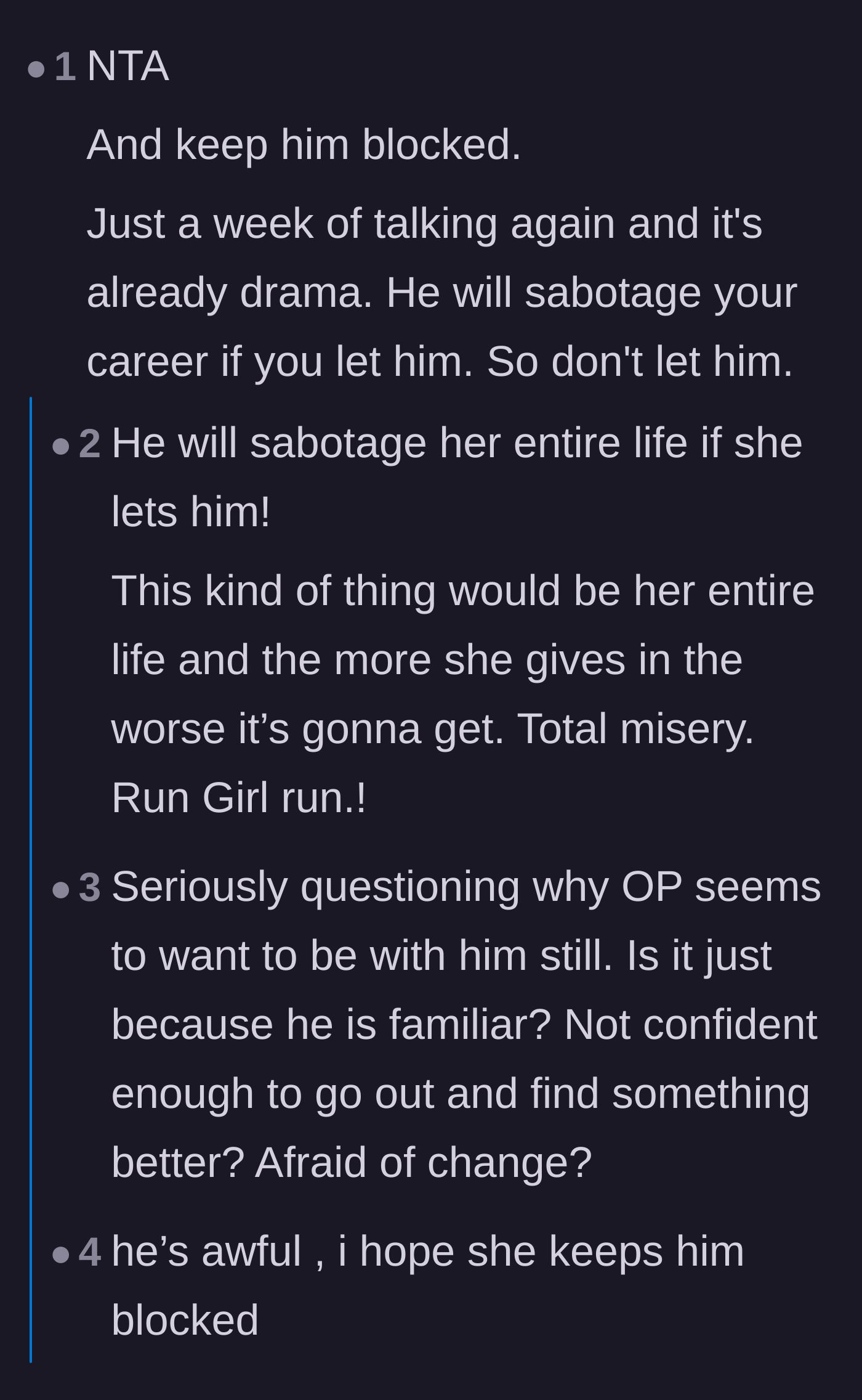 Comment thread 1 - Advice warning the author about career sabotage, including a heartbreaking perspective from someone who lived it