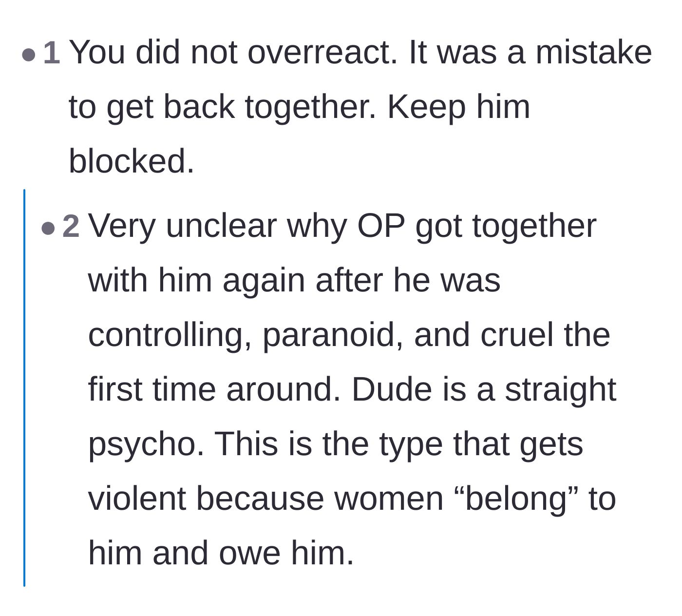 Comment thread 2 - Discussion on the mistake of rekindling a toxic relationship and the dangers of possessive behavior
