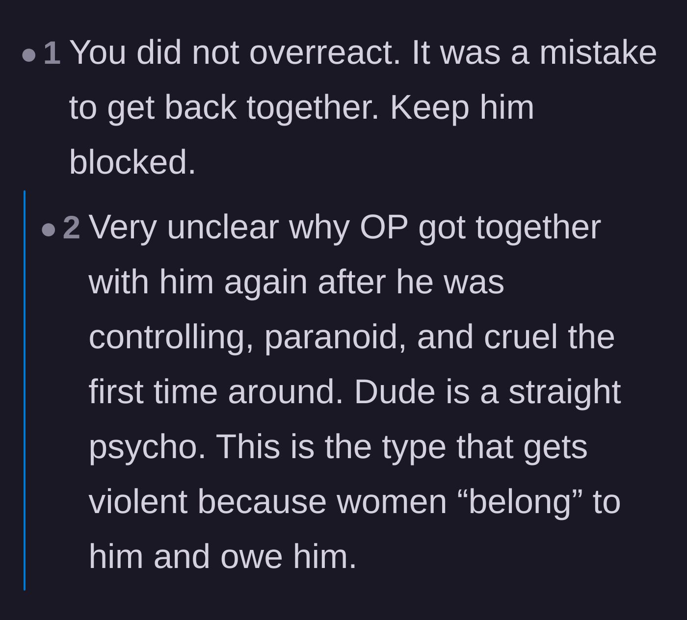Comment thread 2 - Discussion on the mistake of rekindling a toxic relationship and the dangers of possessive behavior