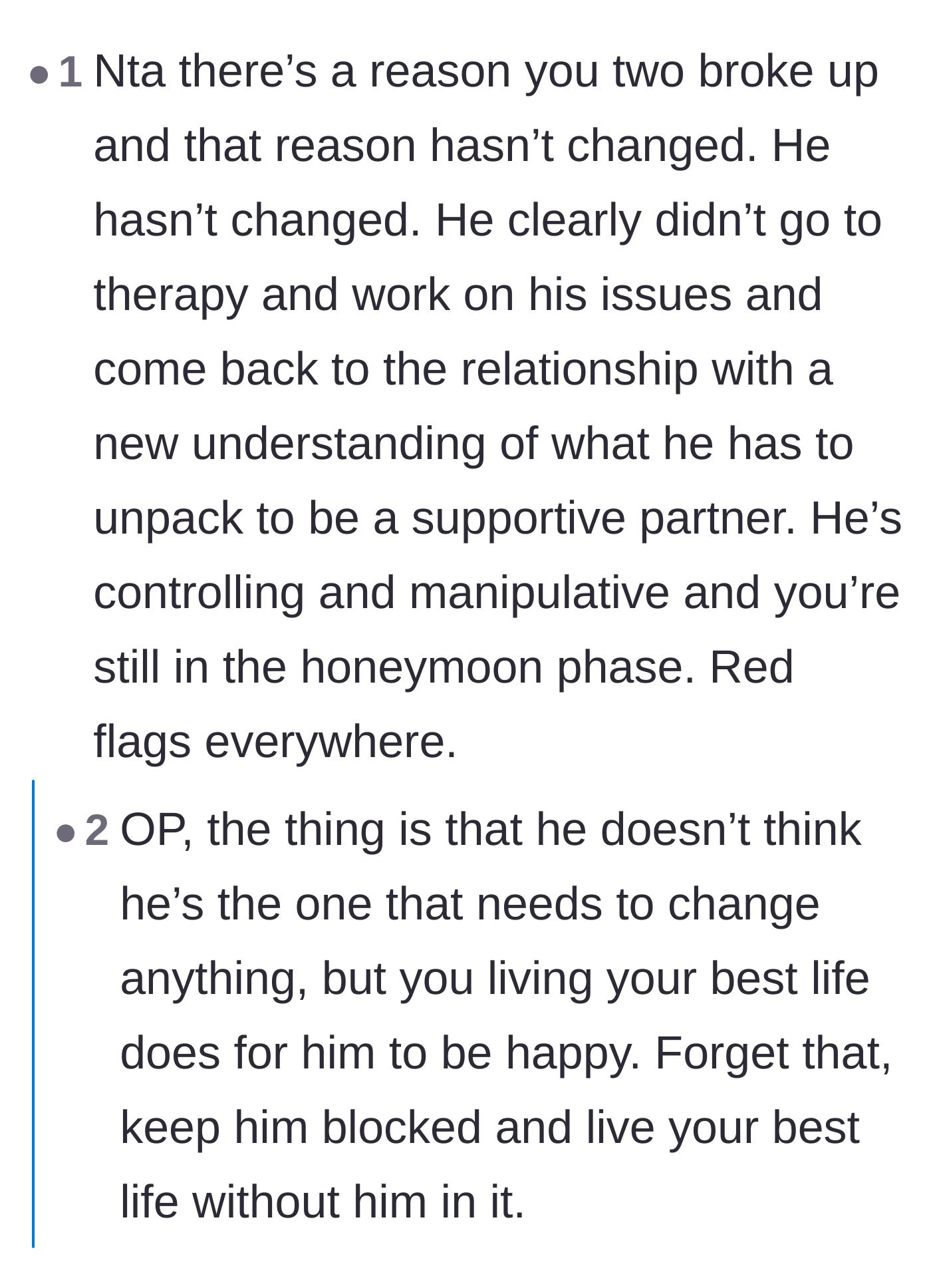 Comment thread 3 - Observations on the lack of personal growth or therapy between the first breakup and the reconciliation