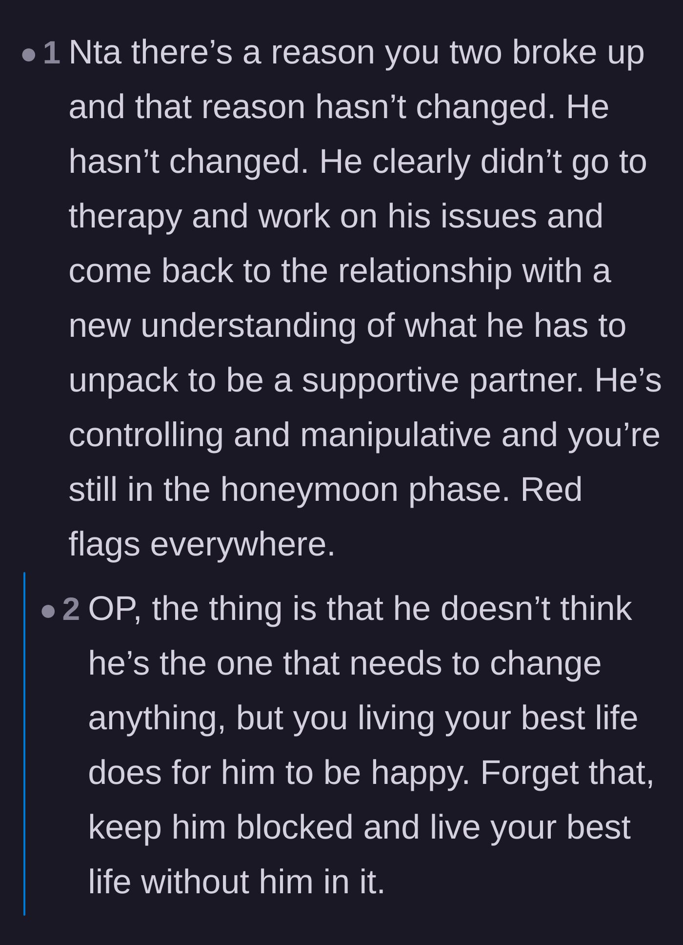 Comment thread 3 - Observations on the lack of personal growth or therapy between the first breakup and the reconciliation