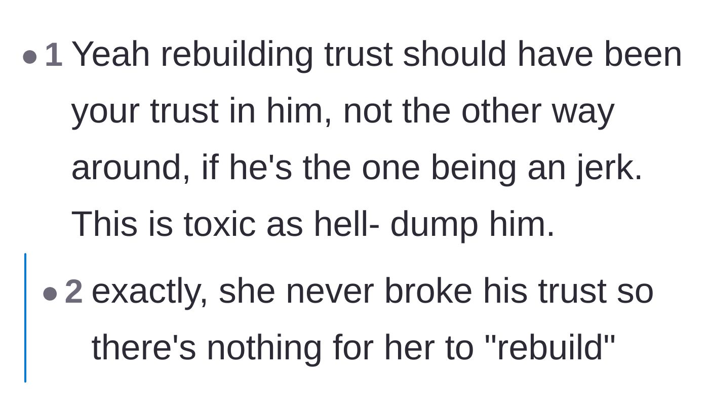 Comment thread 4 - Pointing out the hypocrisy of a partner demanding trust-building from the person who never betrayed him
