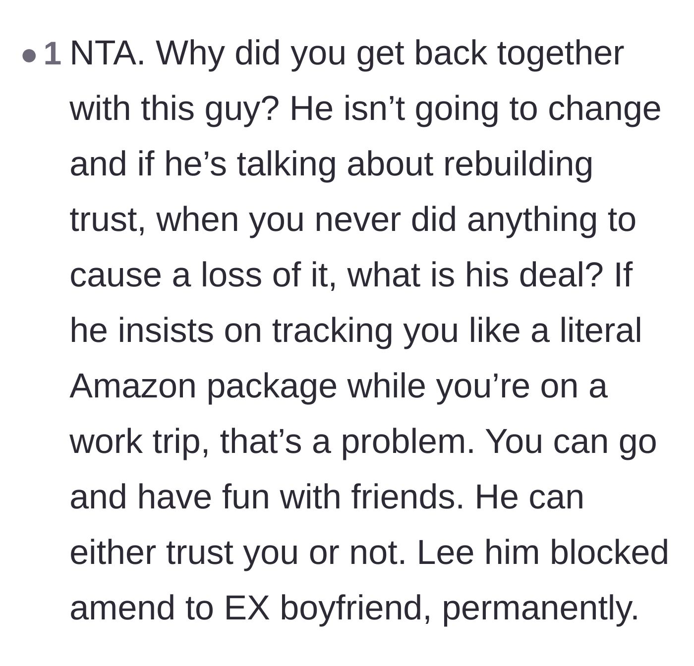 Comment thread 5 - Frustration over the partner treating the author like a tracked package rather than an autonomous adult