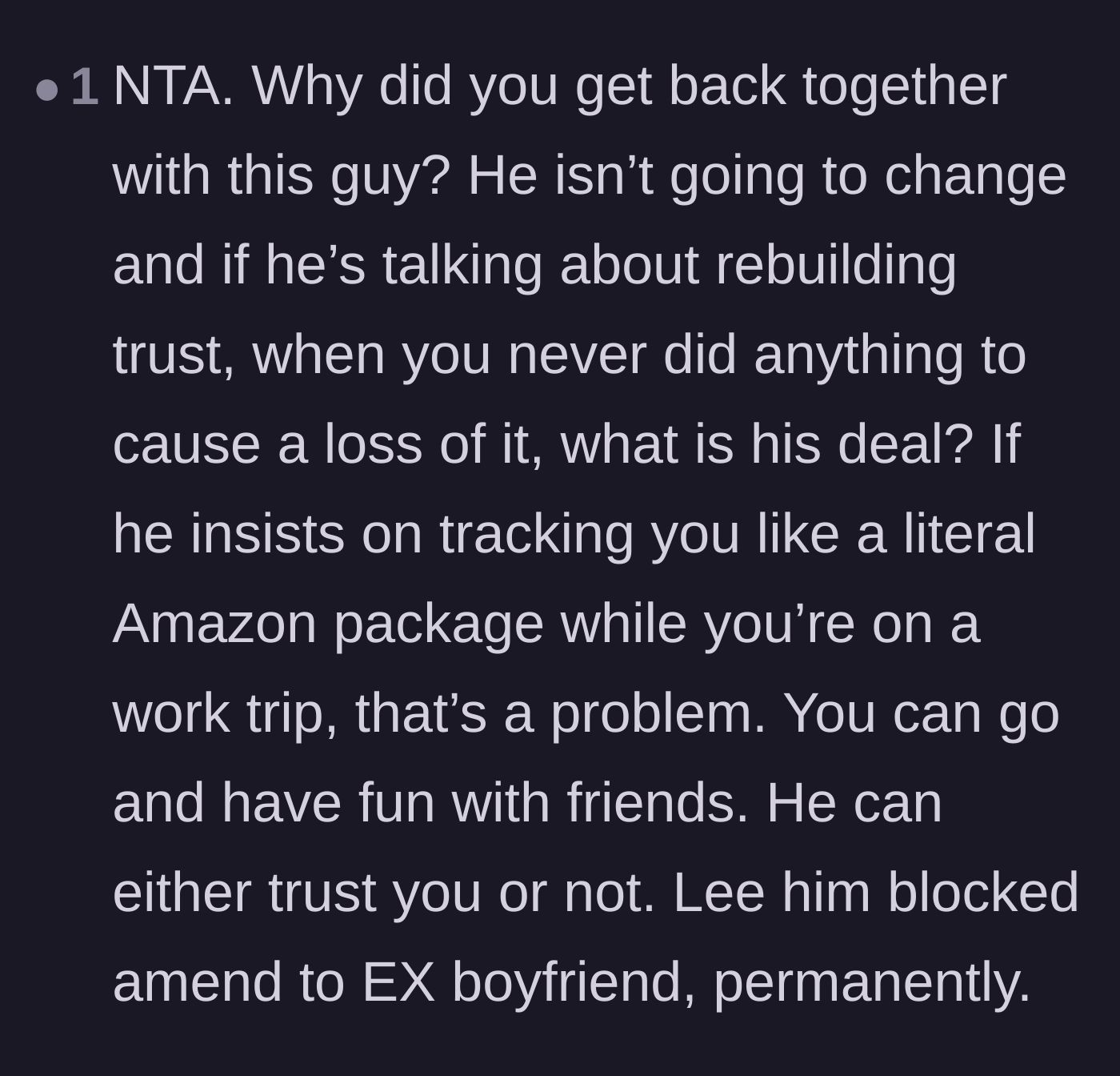 Comment thread 5 - Frustration over the partner treating the author like a tracked package rather than an autonomous adult