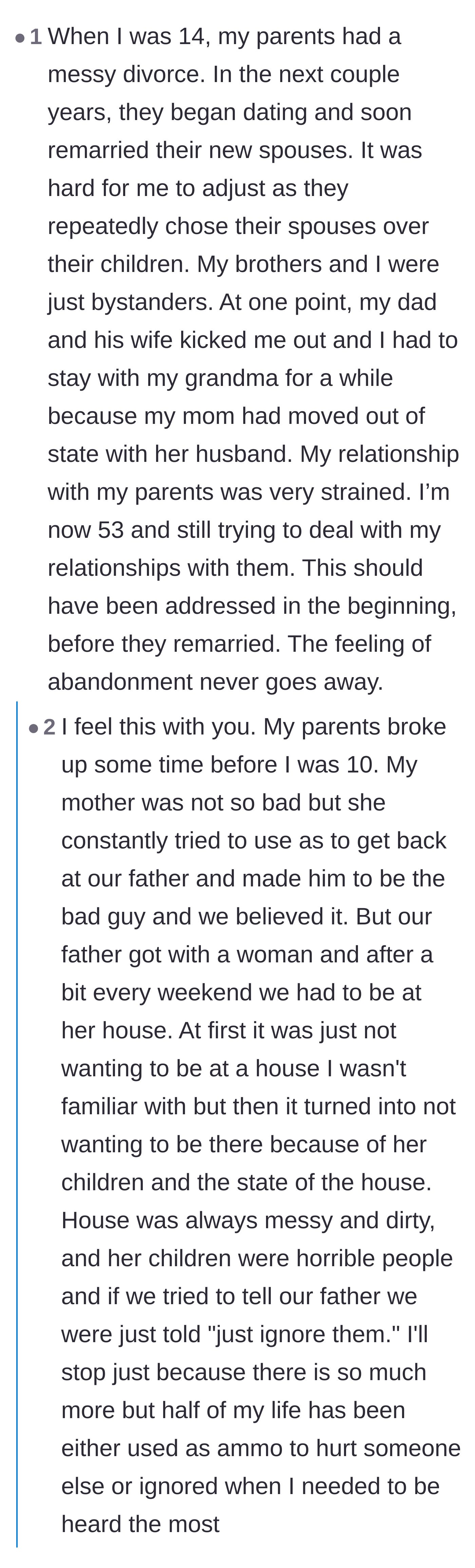 Comment thread 1 - Readers sharing their own painful childhood experiences of feeling abandoned or replaced by their parents' new spouses.