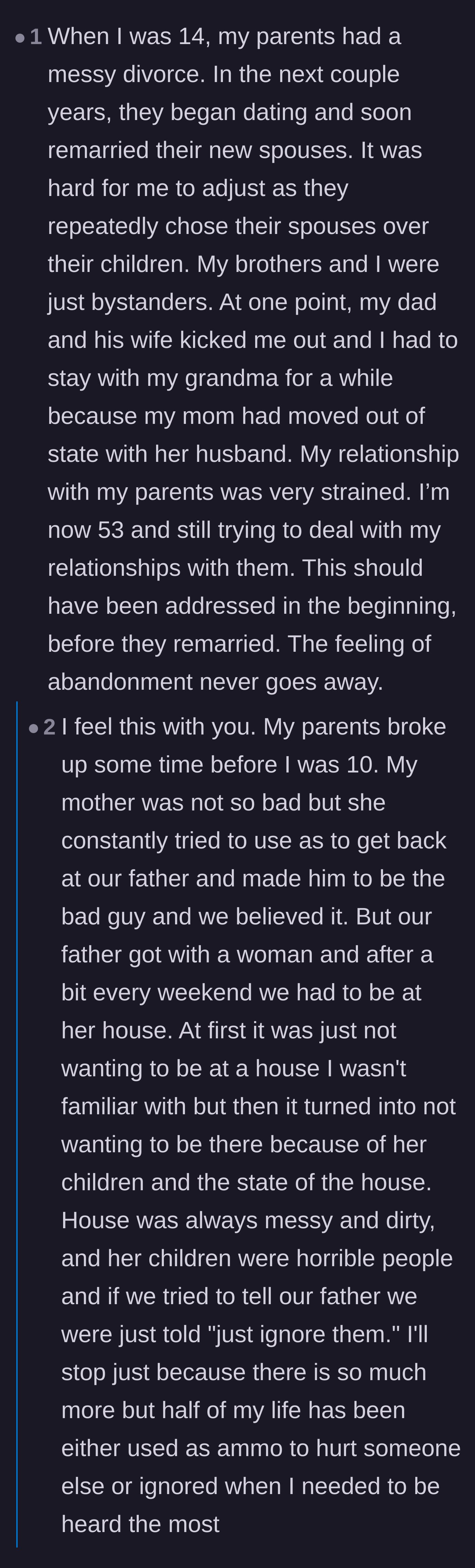 Comment thread 1 - Readers sharing their own painful childhood experiences of feeling abandoned or replaced by their parents' new spouses.