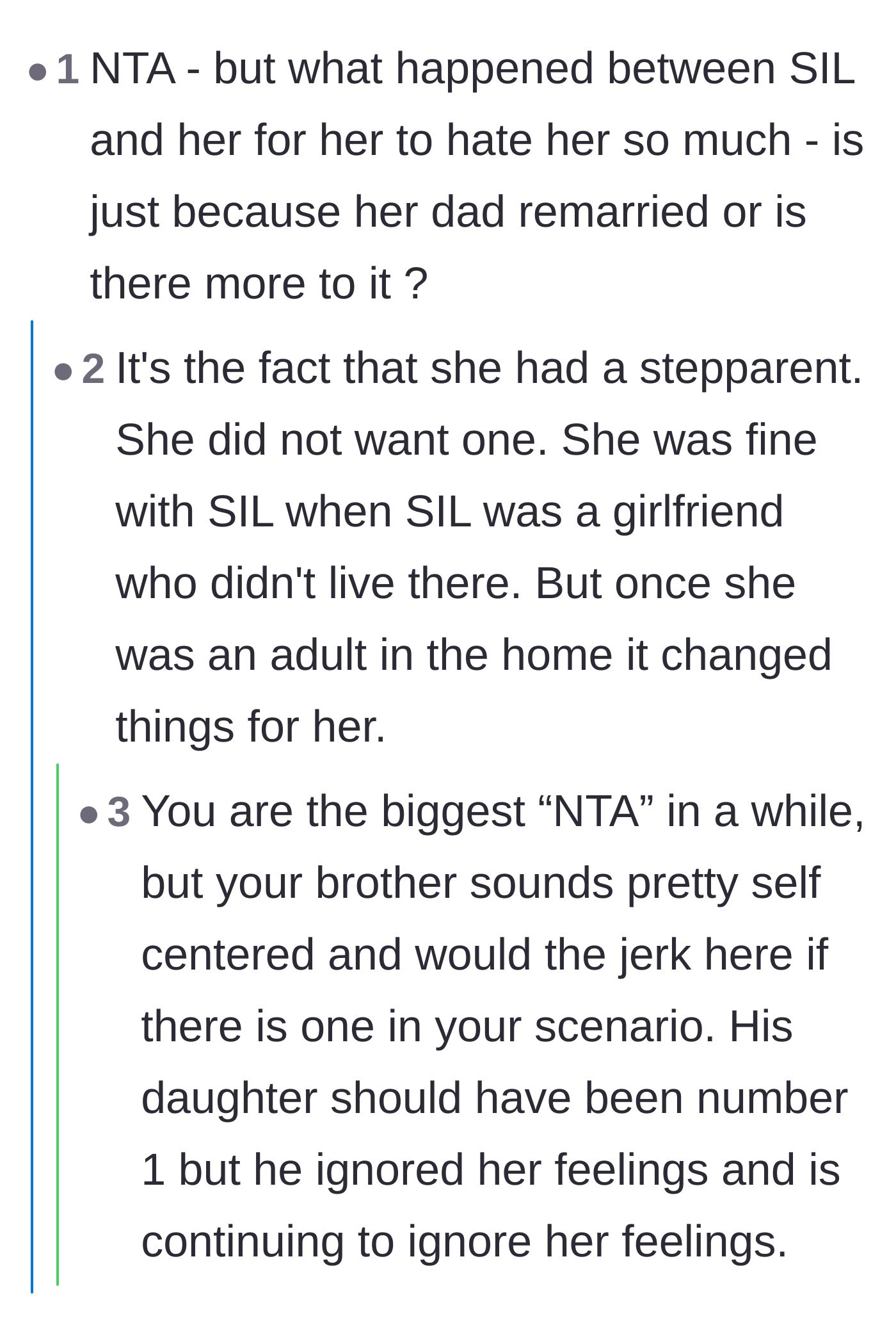 Comment thread 2 - A discussion clarifying that the daughter didn't hate her stepmother personally, but deeply resented having a new mother figure forced upon her.