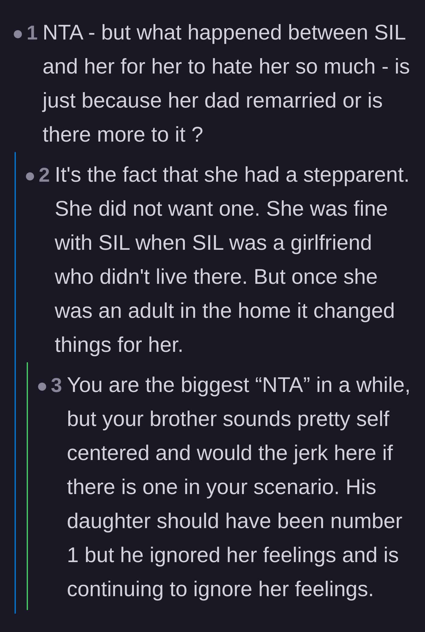 Comment thread 2 - A discussion clarifying that the daughter didn't hate her stepmother personally, but deeply resented having a new mother figure forced upon her.