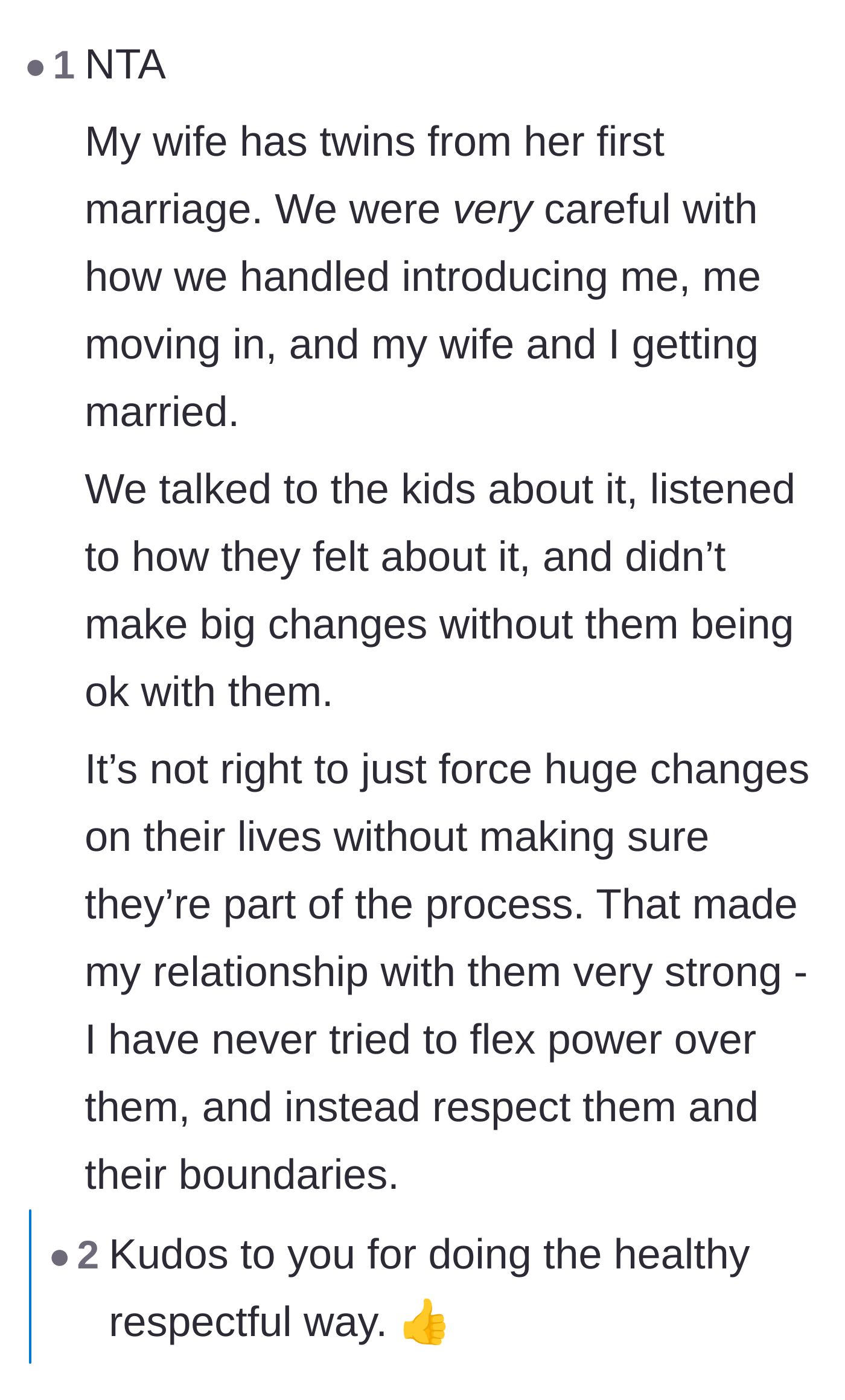 Comment thread 4 - A stepparent sharing a positive, healthy story about successfully blending their family by prioritizing the children's feelings and boundaries.