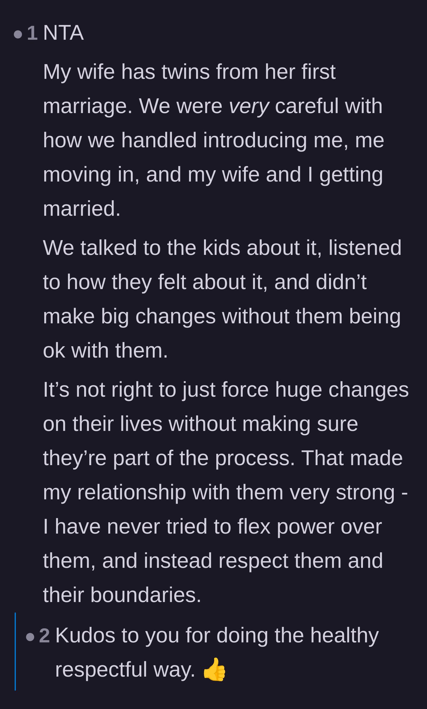 Comment thread 4 - A stepparent sharing a positive, healthy story about successfully blending their family by prioritizing the children's feelings and boundaries.