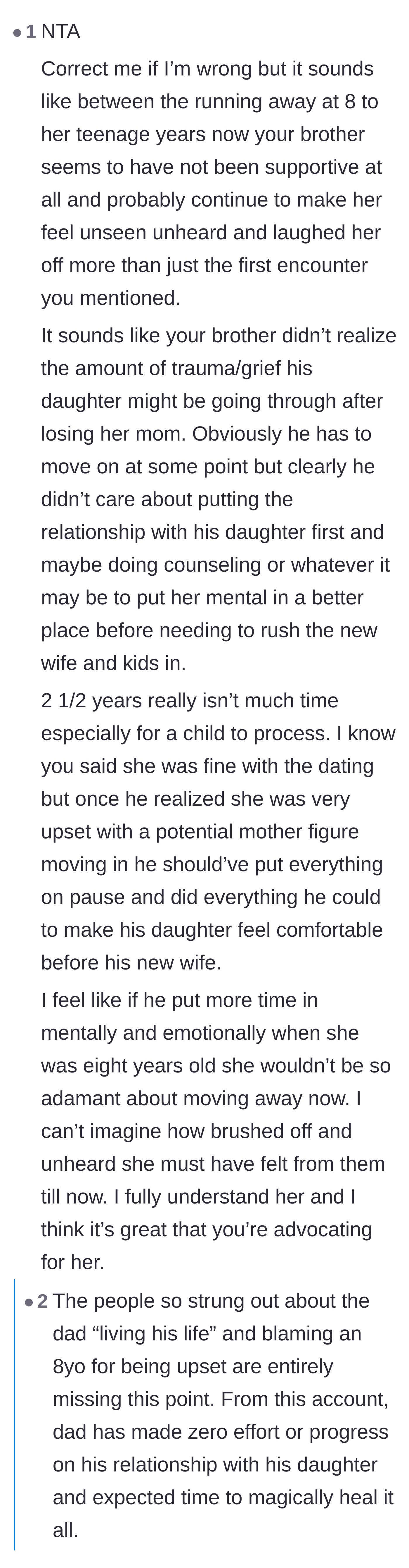 Comment thread 5 - Readers pointing out the father's massive failure to address his daughter's profound grief and trauma over losing her biological mother.