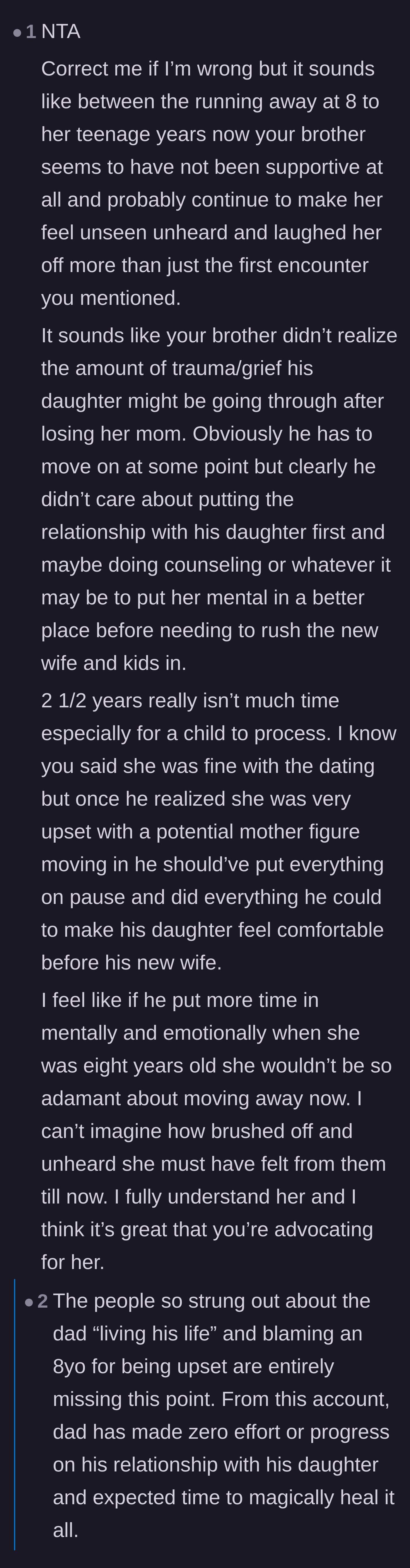 Comment thread 5 - Readers pointing out the father's massive failure to address his daughter's profound grief and trauma over losing her biological mother.