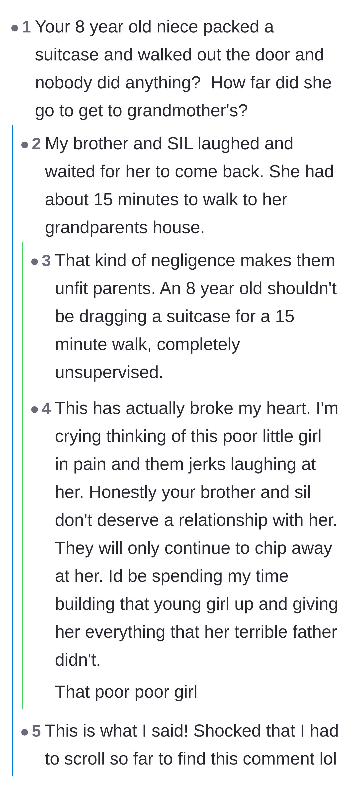 Comment thread 6 - Intense outrage over the adults laughing while allowing a devastated 8-year-old to walk out of the house alone with a suitcase.
