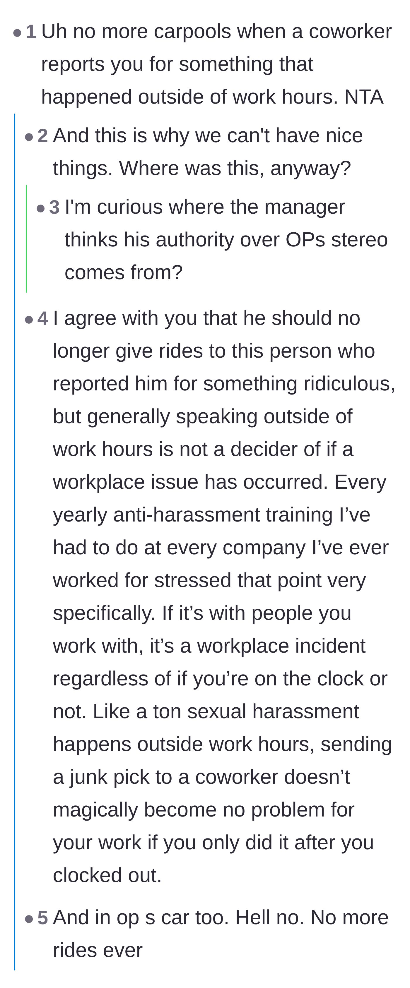 Comment thread 1 - Discussion about off-the-clock boundaries and the shocking revelation of office-wide food bans.