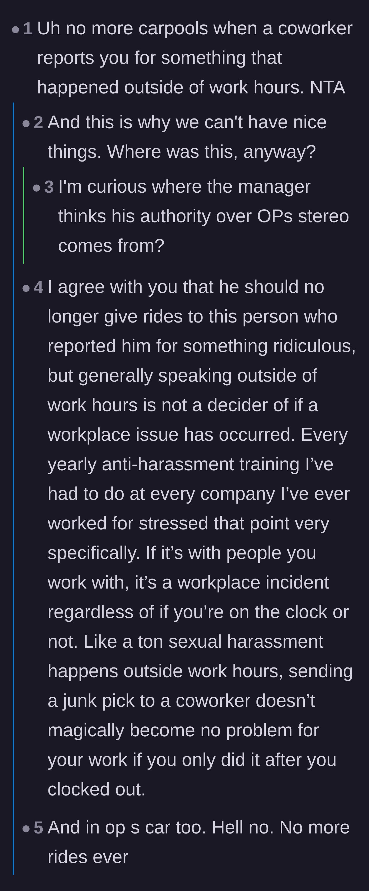 Comment thread 1 - Discussion about off-the-clock boundaries and the shocking revelation of office-wide food bans.