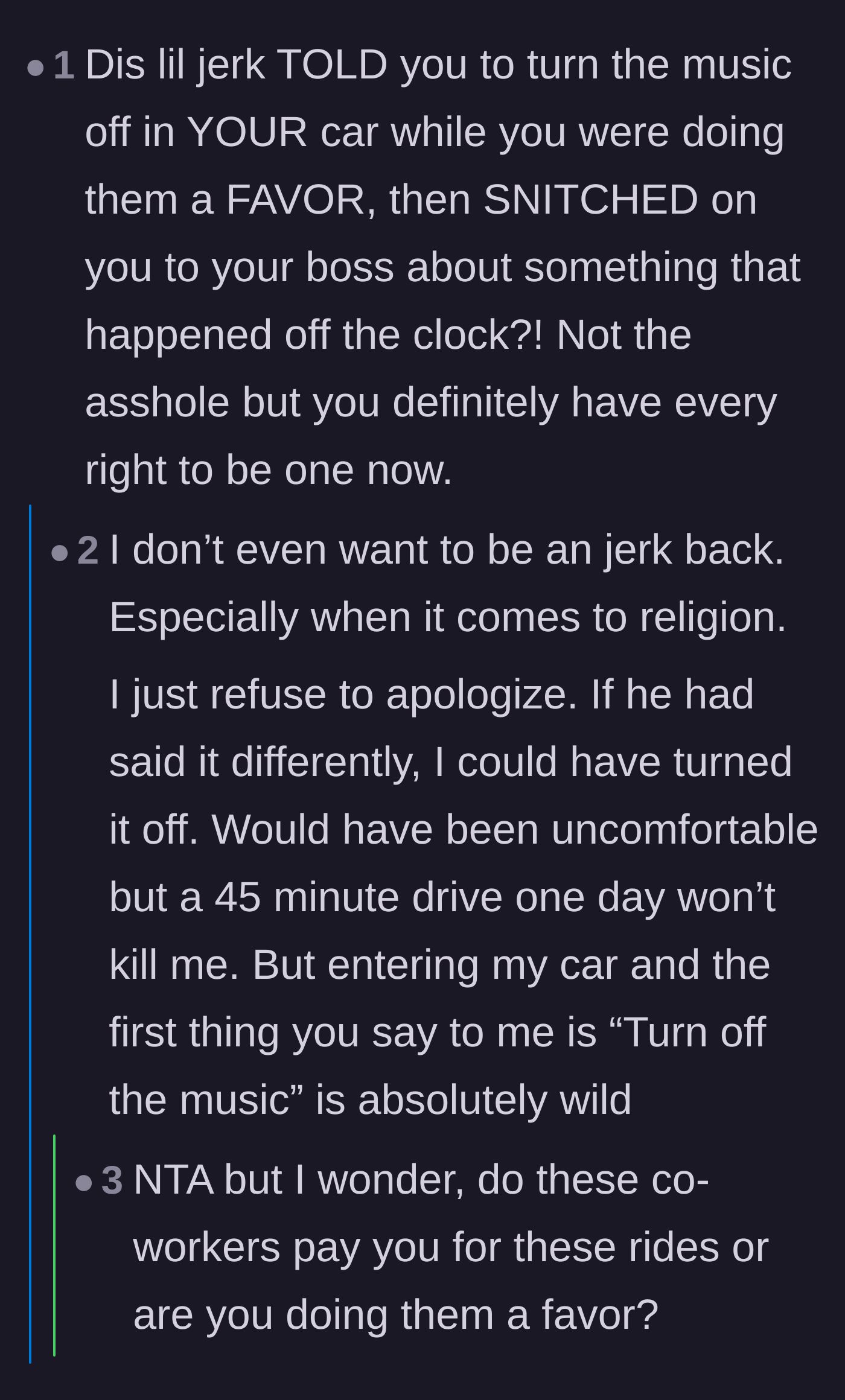 Comment thread 6 - Calculating the sheer generosity of the 45-minute daily free commute the coworker threw away.