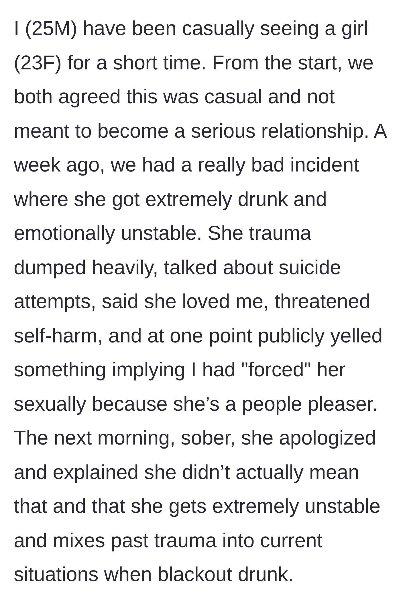 Story part 1 - A man and a woman agreeing to a casual relationship before a disastrous night of extreme intoxication and false public accusations.