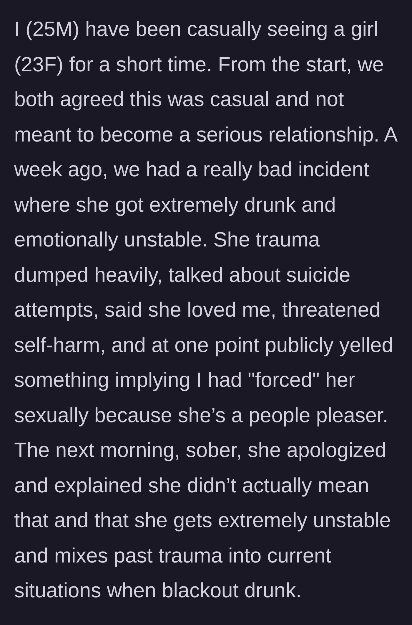 Story part 1 - A man and a woman agreeing to a casual relationship before a disastrous night of extreme intoxication and false public accusations.