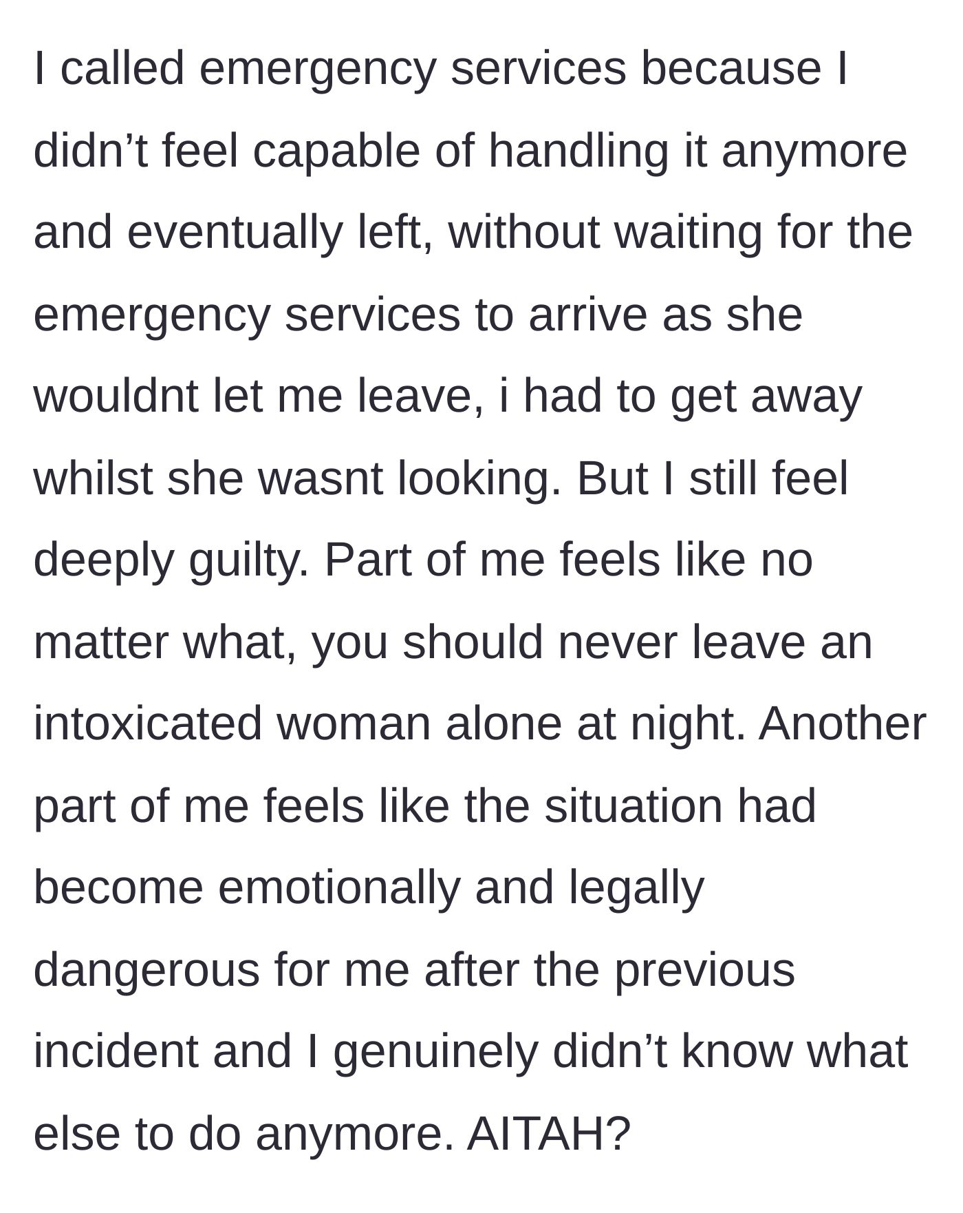 Story part 6 - The man calling emergency services and slipping away into the night while the woman is distracted, plagued by guilt over leaving her.