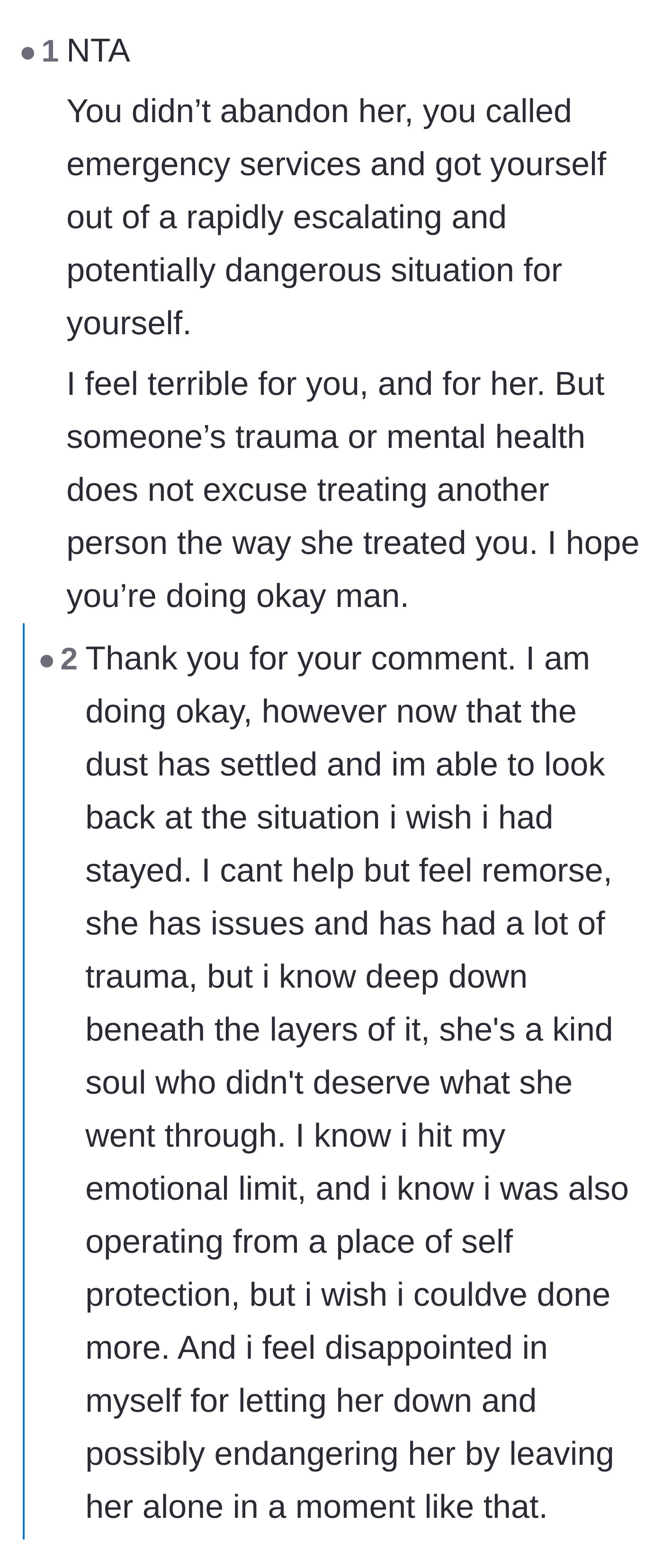 Comment thread 1 - A deep debate about the main character's guilt for leaving, and a tense discussion on the difference between validating trauma and surviving a dangerous accusation.
