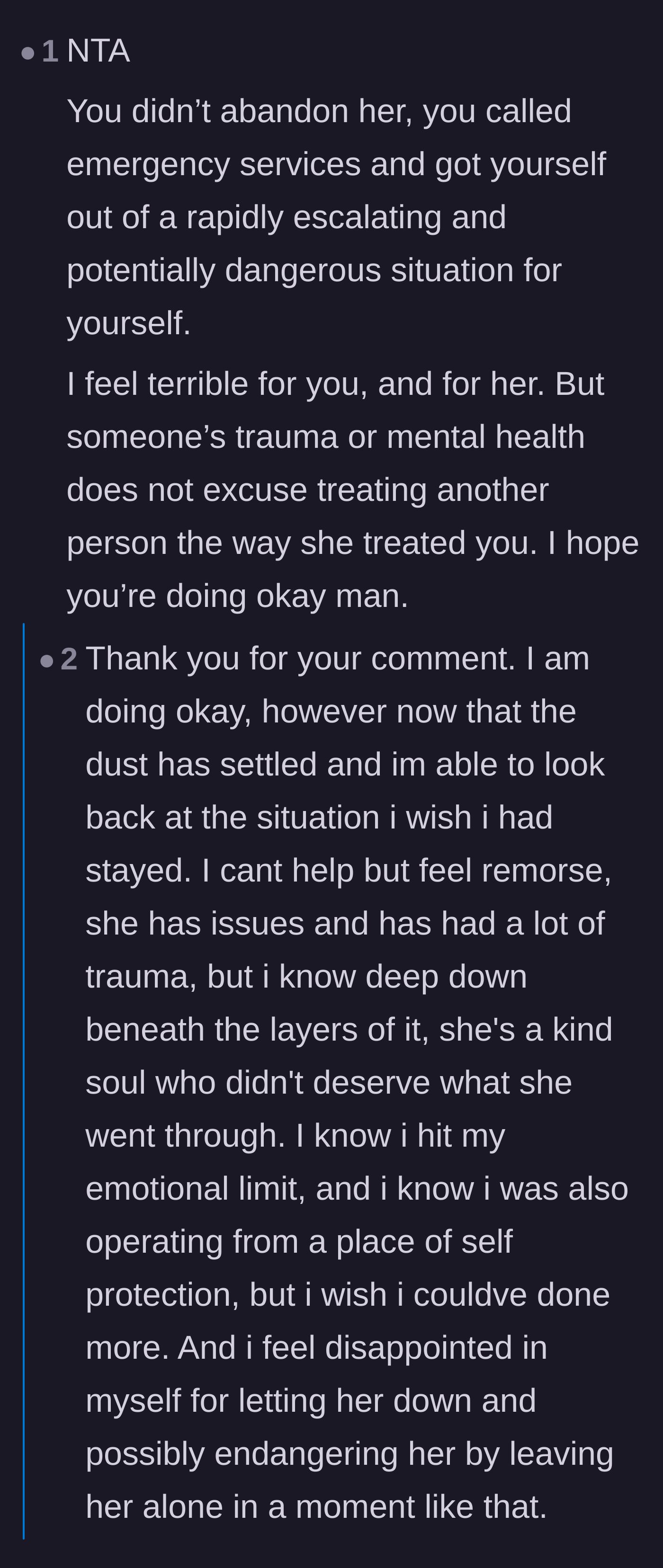 Comment thread 1 - A deep debate about the main character's guilt for leaving, and a tense discussion on the difference between validating trauma and surviving a dangerous accusation.