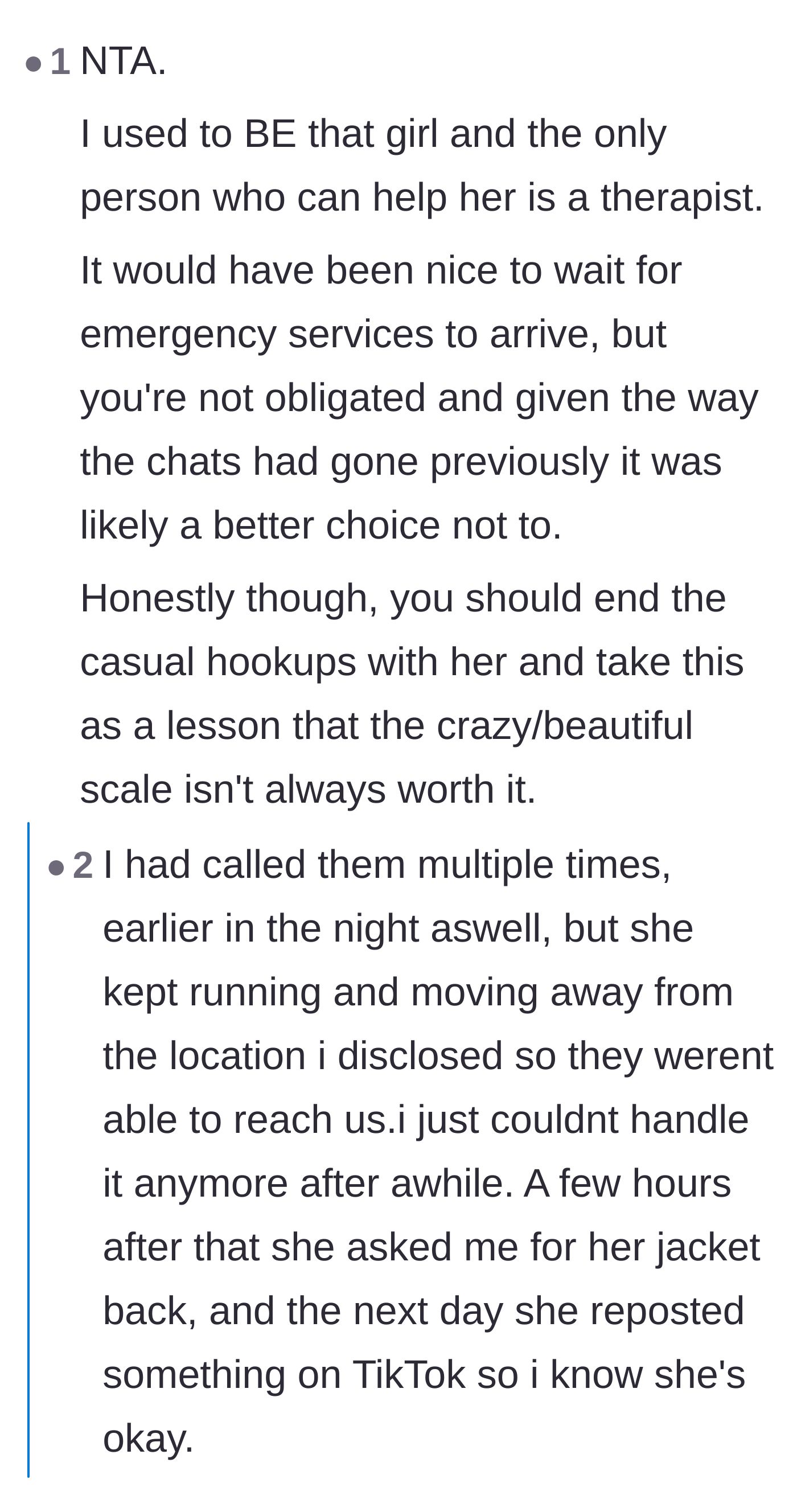 Comment thread 3 - A woman who used to struggle with similar mental health crises validates the main character's choice and emphasizes the need for professional help.