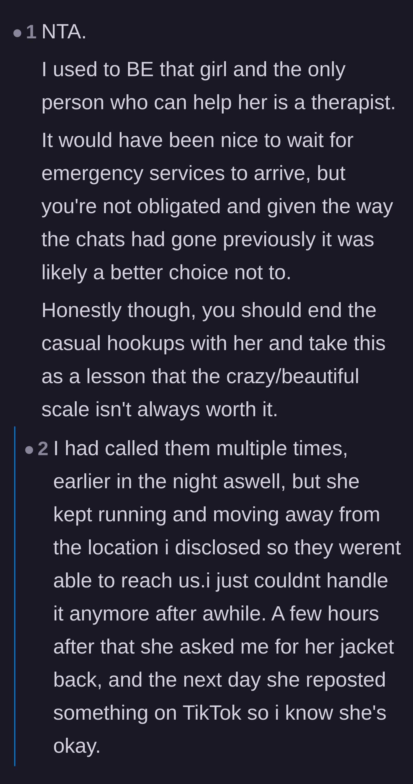 Comment thread 3 - A woman who used to struggle with similar mental health crises validates the main character's choice and emphasizes the need for professional help.