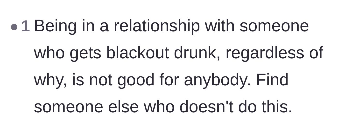 Comment thread 5 - A straightforward warning about the emotional dangers of dating someone who heavily abuses alcohol to cope.