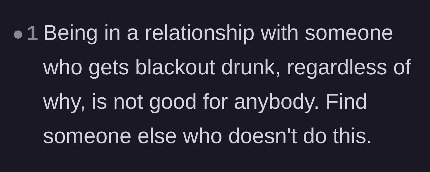 Comment thread 5 - A straightforward warning about the emotional dangers of dating someone who heavily abuses alcohol to cope.
