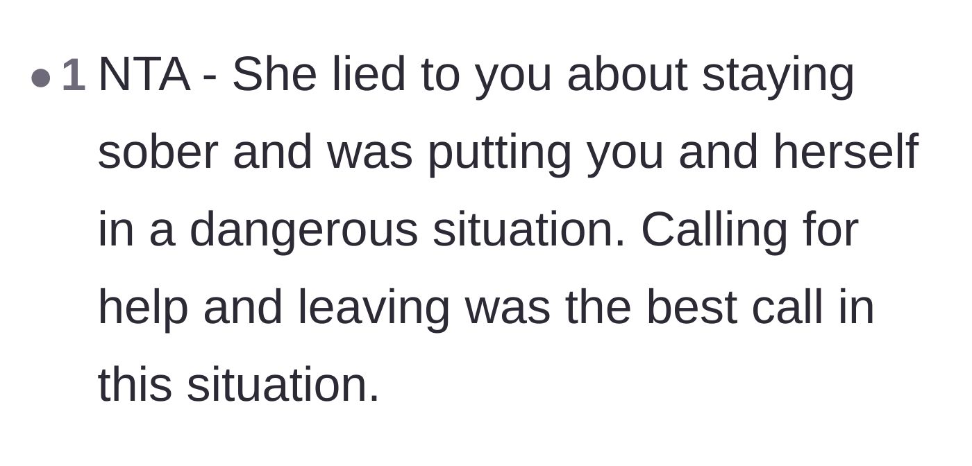 Comment thread 6 - Support for the main character's decision to walk away after the woman broke her promise to stay sober.