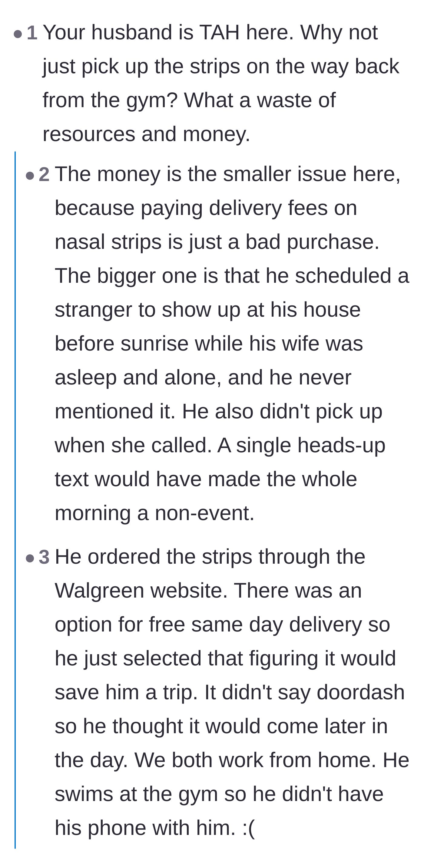 Comment thread 1 - Debating whether the husband is at fault for not giving his wife a heads-up