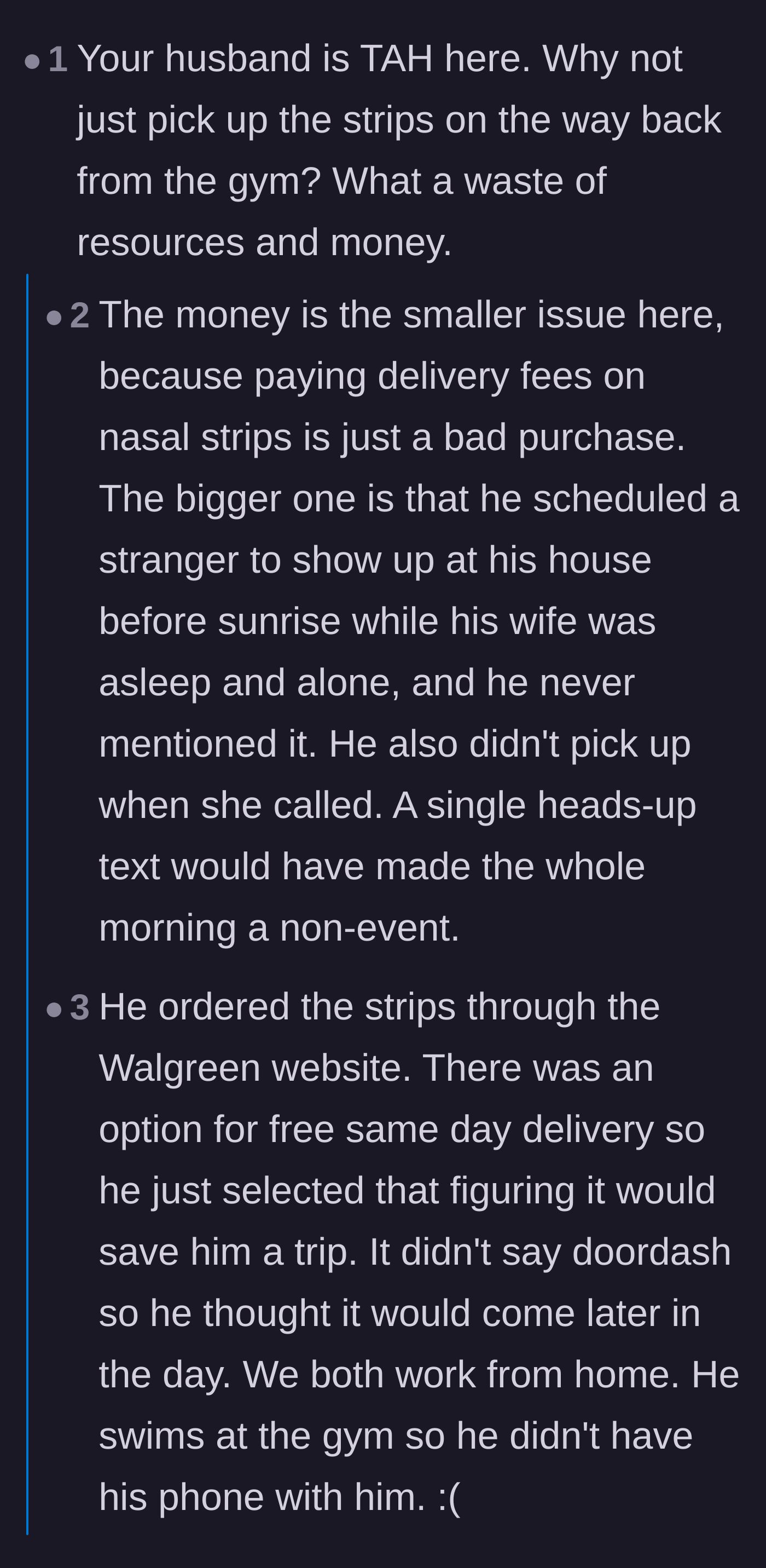Comment thread 1 - Debating whether the husband is at fault for not giving his wife a heads-up