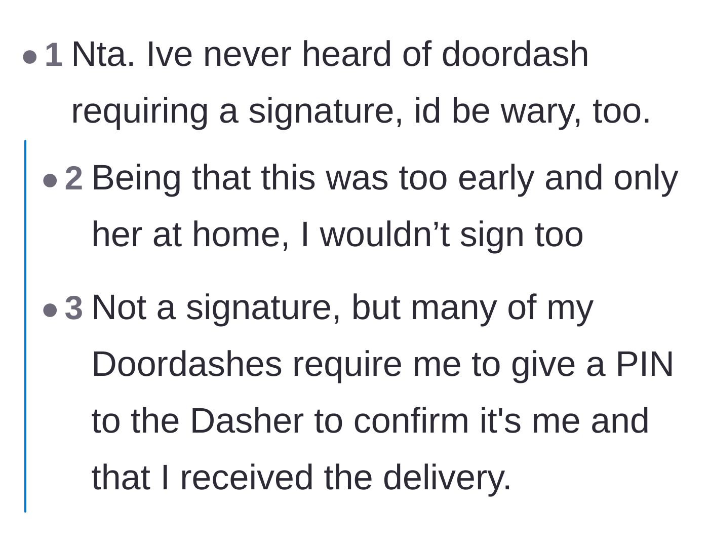 Comment thread 2 - Commiserating over DoorDash's unusual signature and PIN requirements