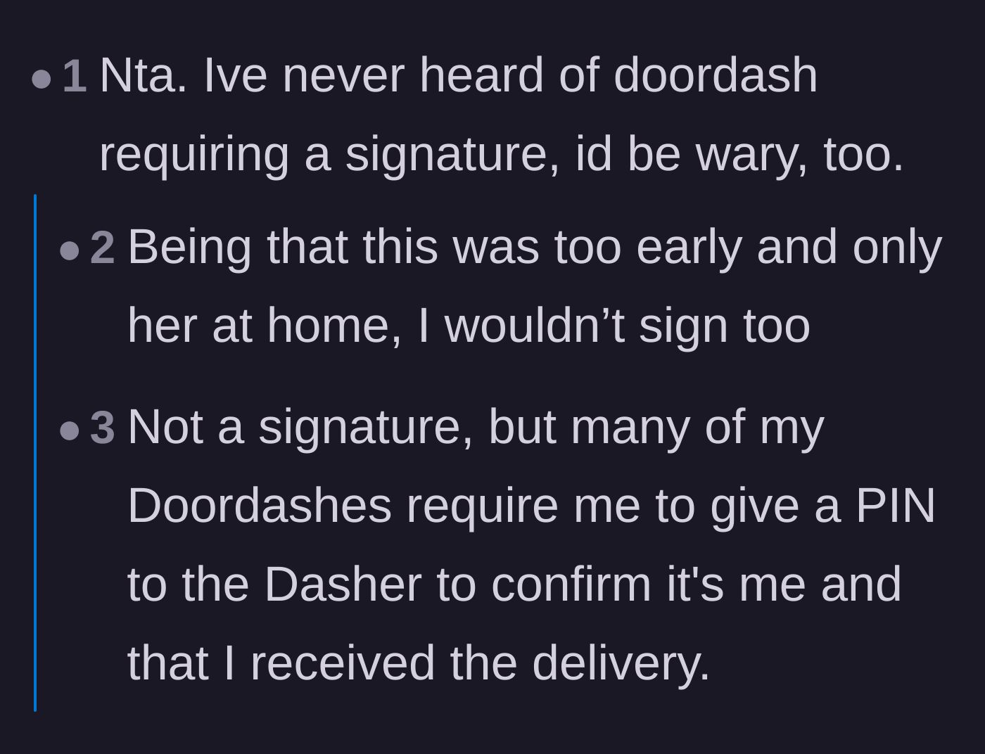 Comment thread 2 - Commiserating over DoorDash's unusual signature and PIN requirements