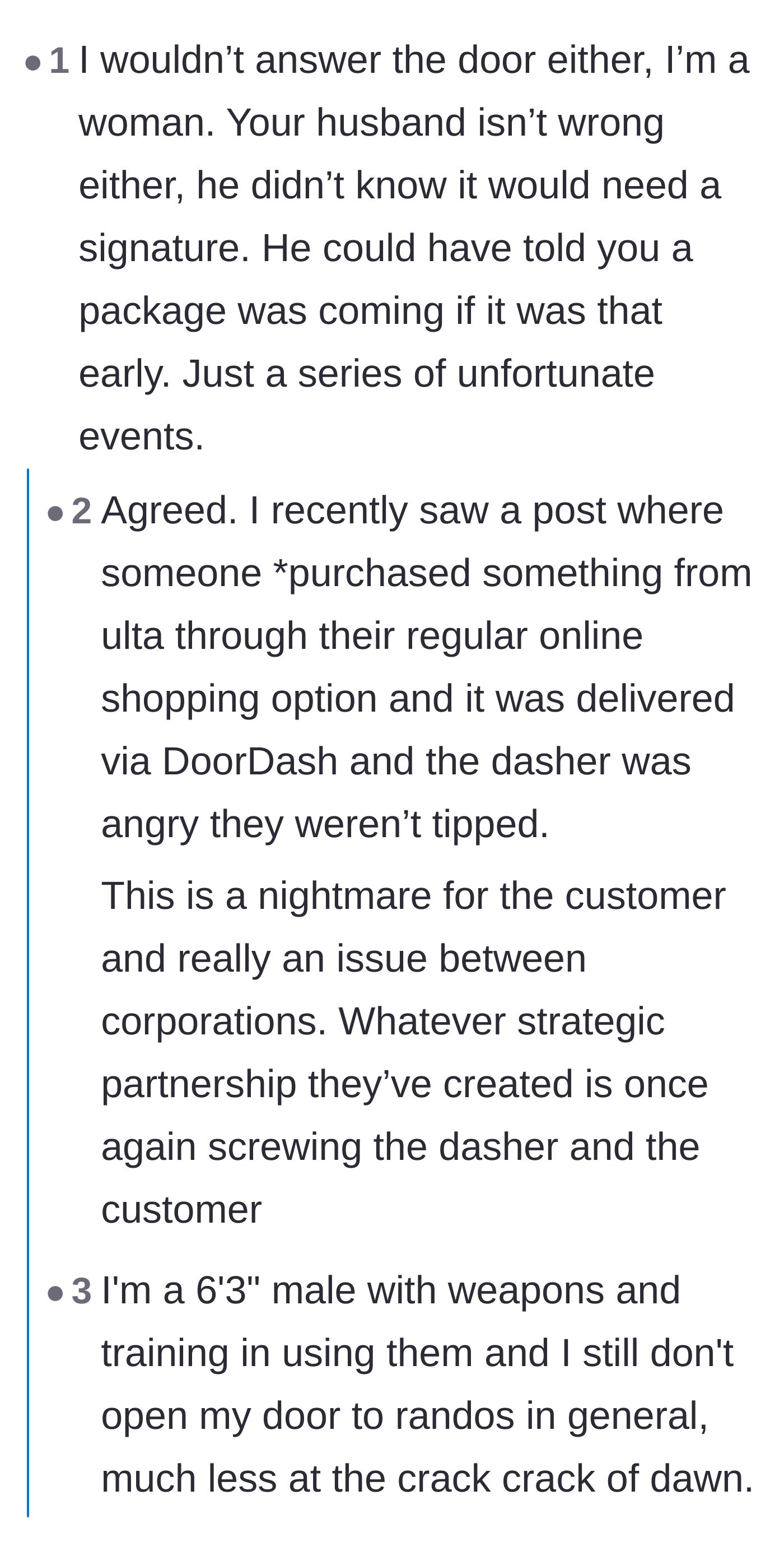Comment thread 5 - Sharing similar gig-economy horror stories and safety protocols