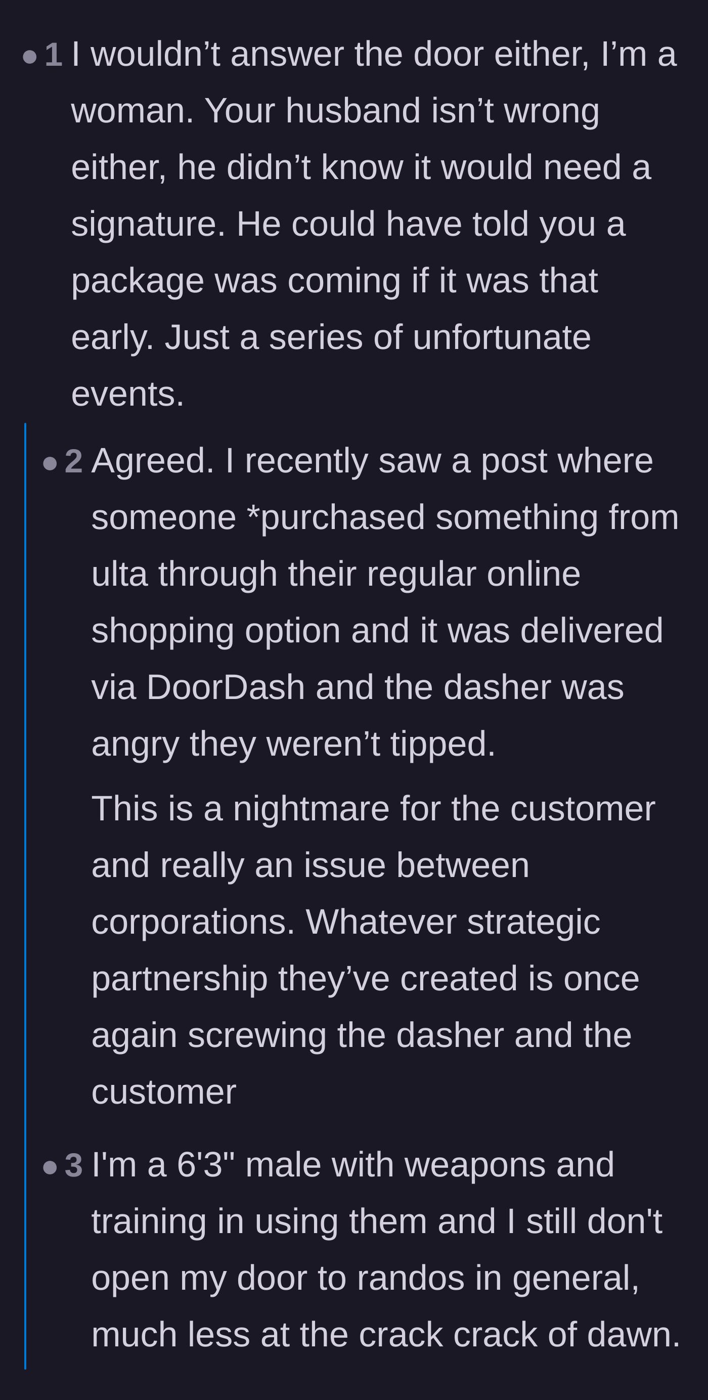 Comment thread 5 - Sharing similar gig-economy horror stories and safety protocols