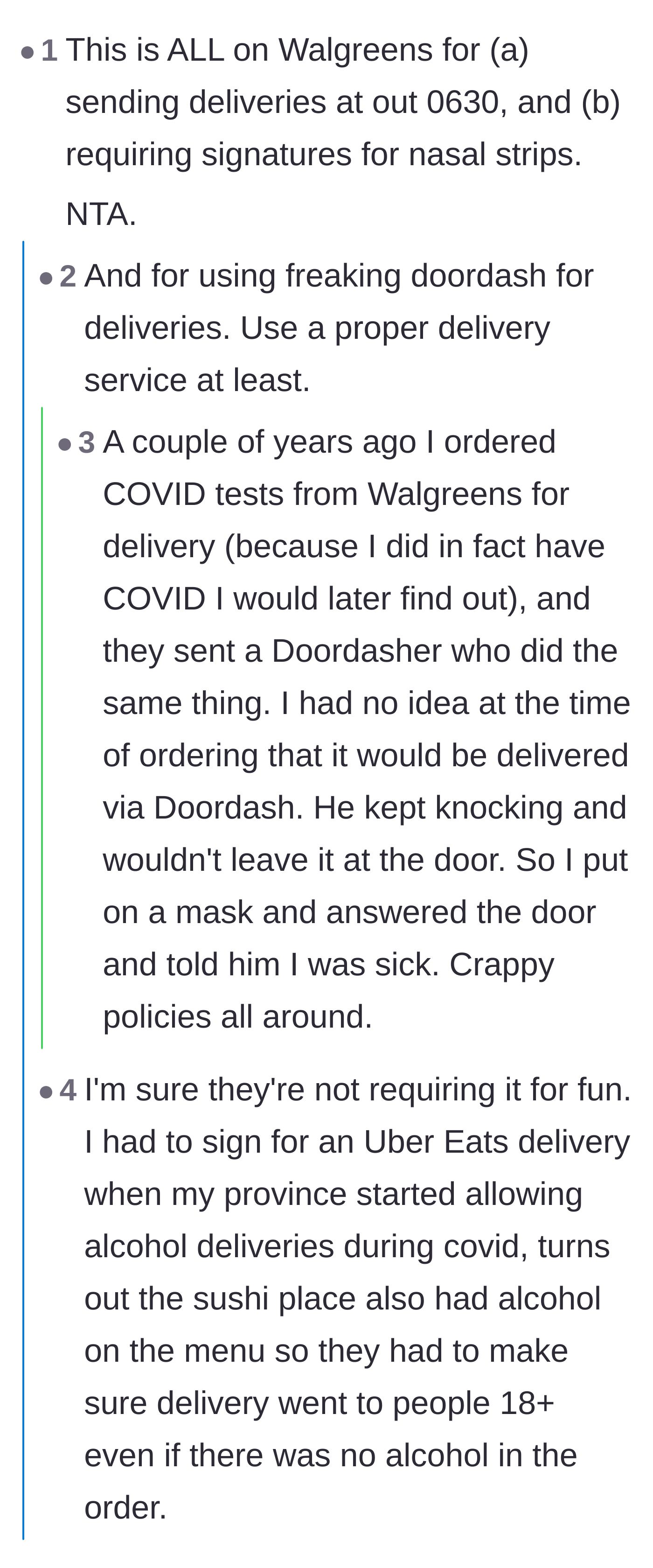 Comment thread 6 - Calling out Walgreens for relying on chaotic third-party delivery apps