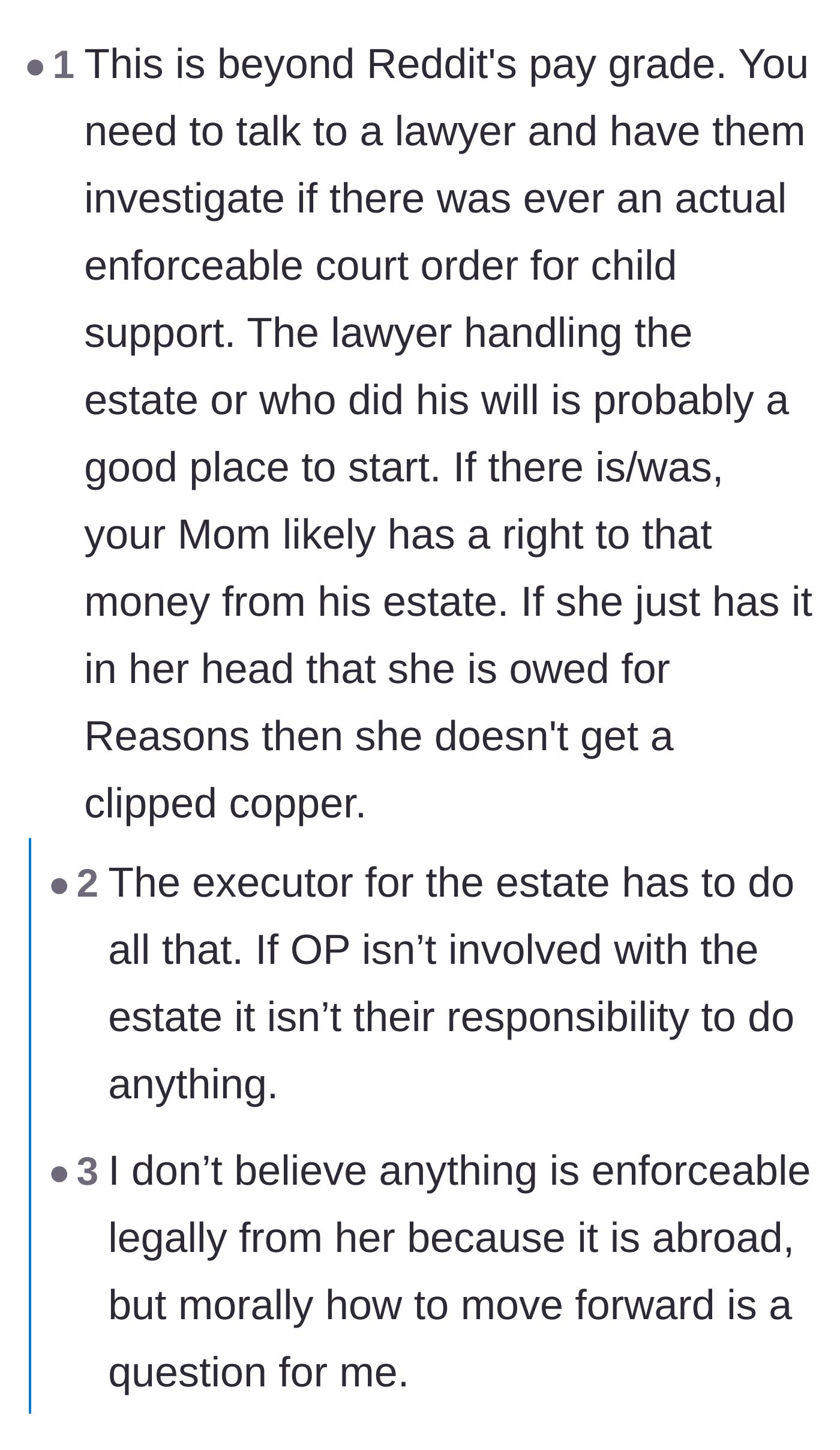 Comment thread advising the author to consult a lawyer while debating the mother's potential jealousy.