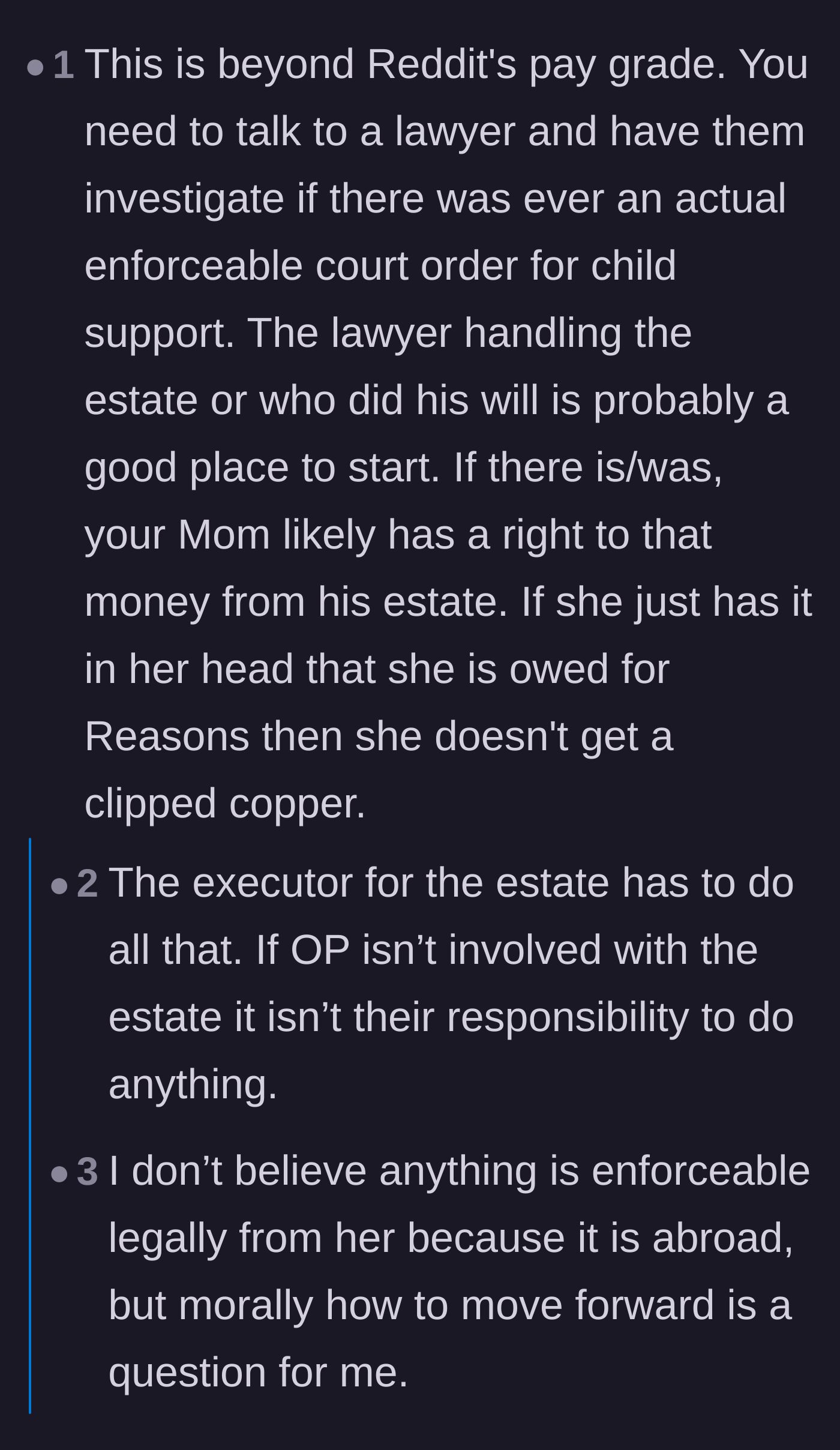 Comment thread advising the author to consult a lawyer while debating the mother's potential jealousy.