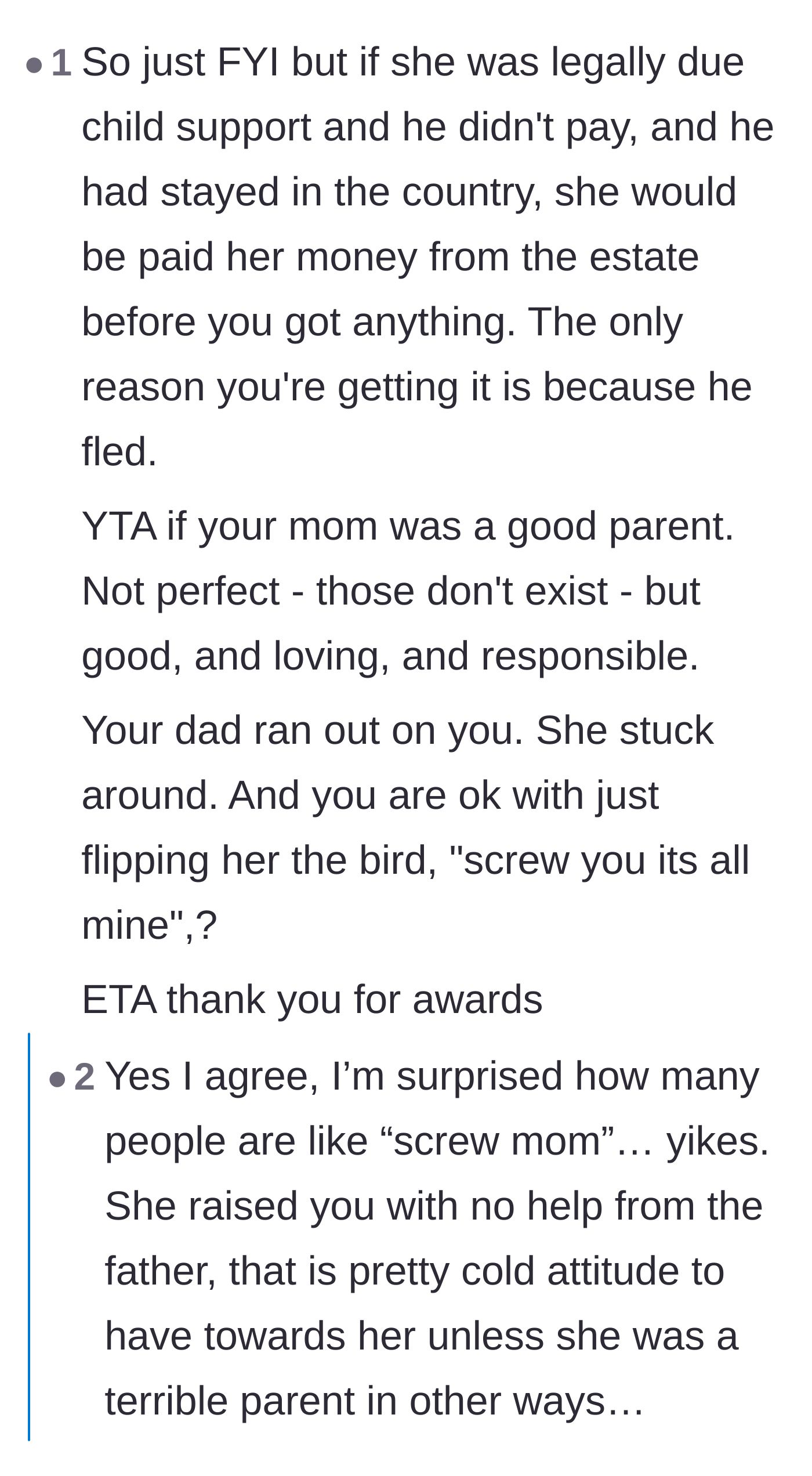 Comment thread arguing the author is wrong for not sharing the money with the mother who raised them.